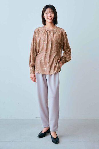 IEDIT［イディット］ | 線画 花柄 ボリューム袖 ブラウス 〈茶〉