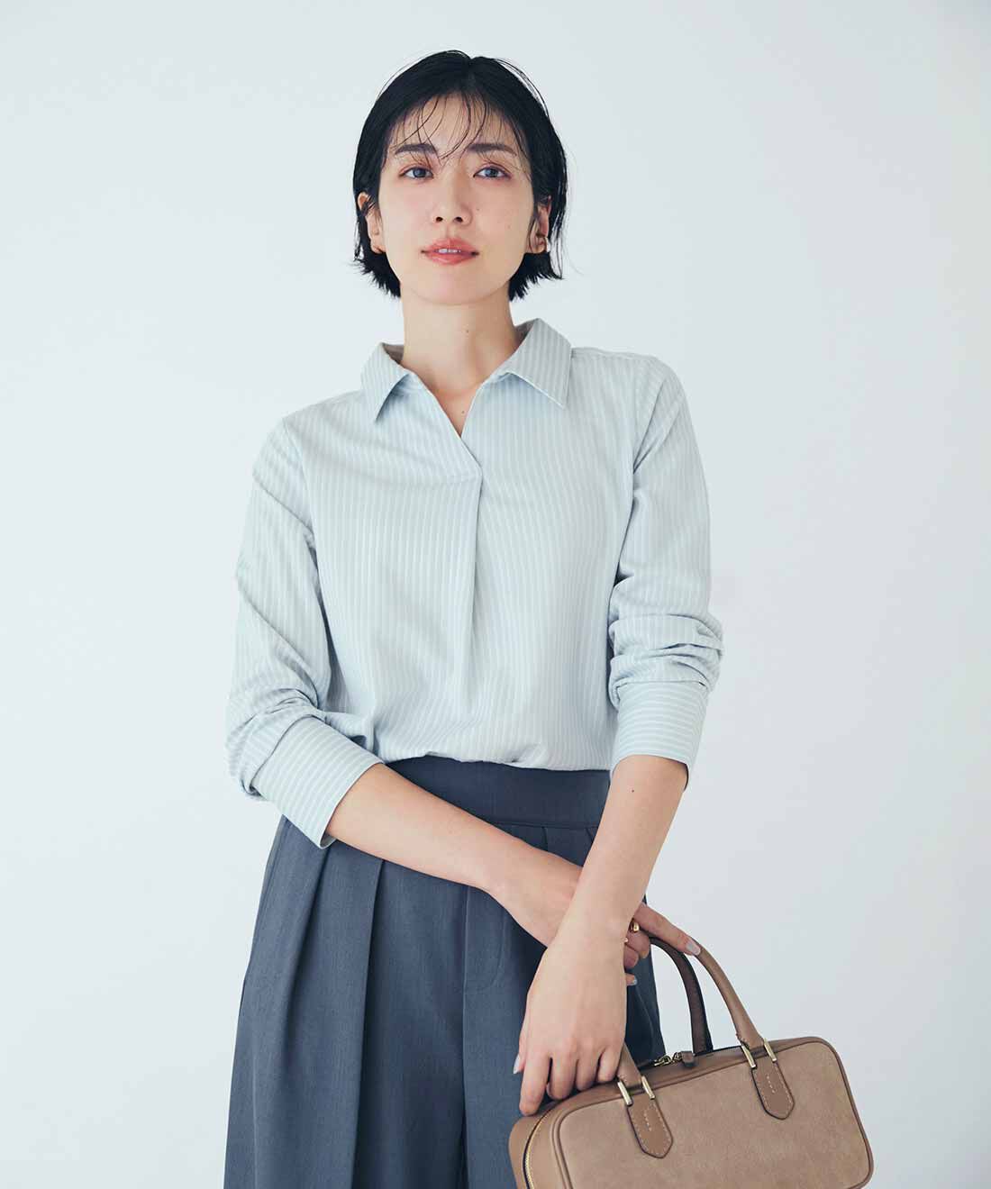 IEDIT|美ノビ ストライプ のびやかなスキッパーブラウスのコーディネート