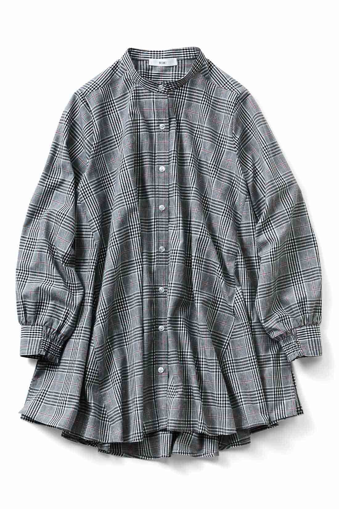 IEDIT|IEDIT[イディット]　360度美しい ふんわりフレアーの着映えバンドカラーシャツチュニック〈ブラックチェック〉|〈ブラックチェック〉たっぷりフレアーが人気のシャツチュニックがカジュアルにも着やすい色柄で旬のムードに。