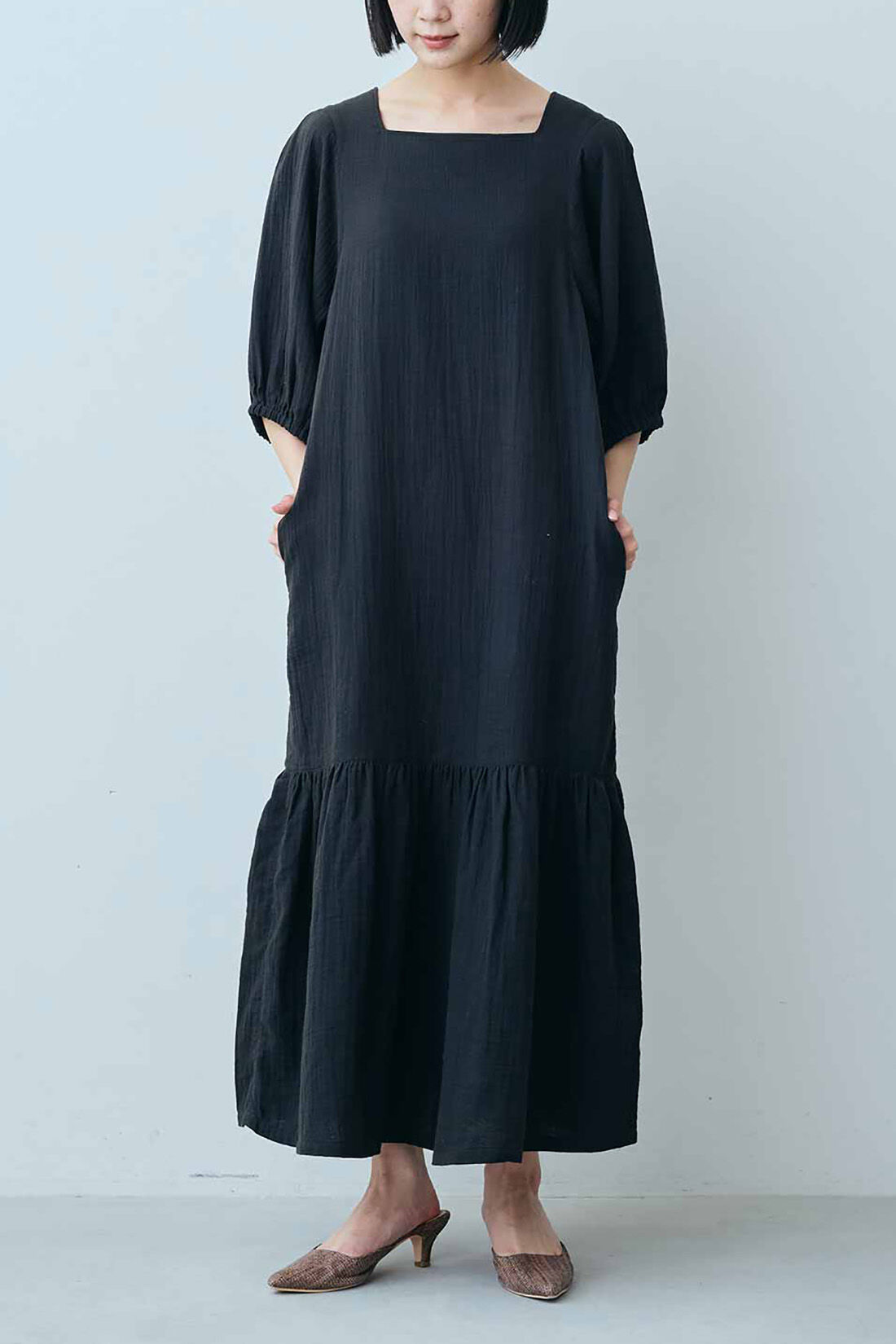 IEDIT［イディット］|IEDIT[イディット]　福田麻琴さんコラボ コットン楊柳（ようりゅう）ダブルガーゼワンピース〈ブラック〉|モデル身長：164cm　着用サイズ：M