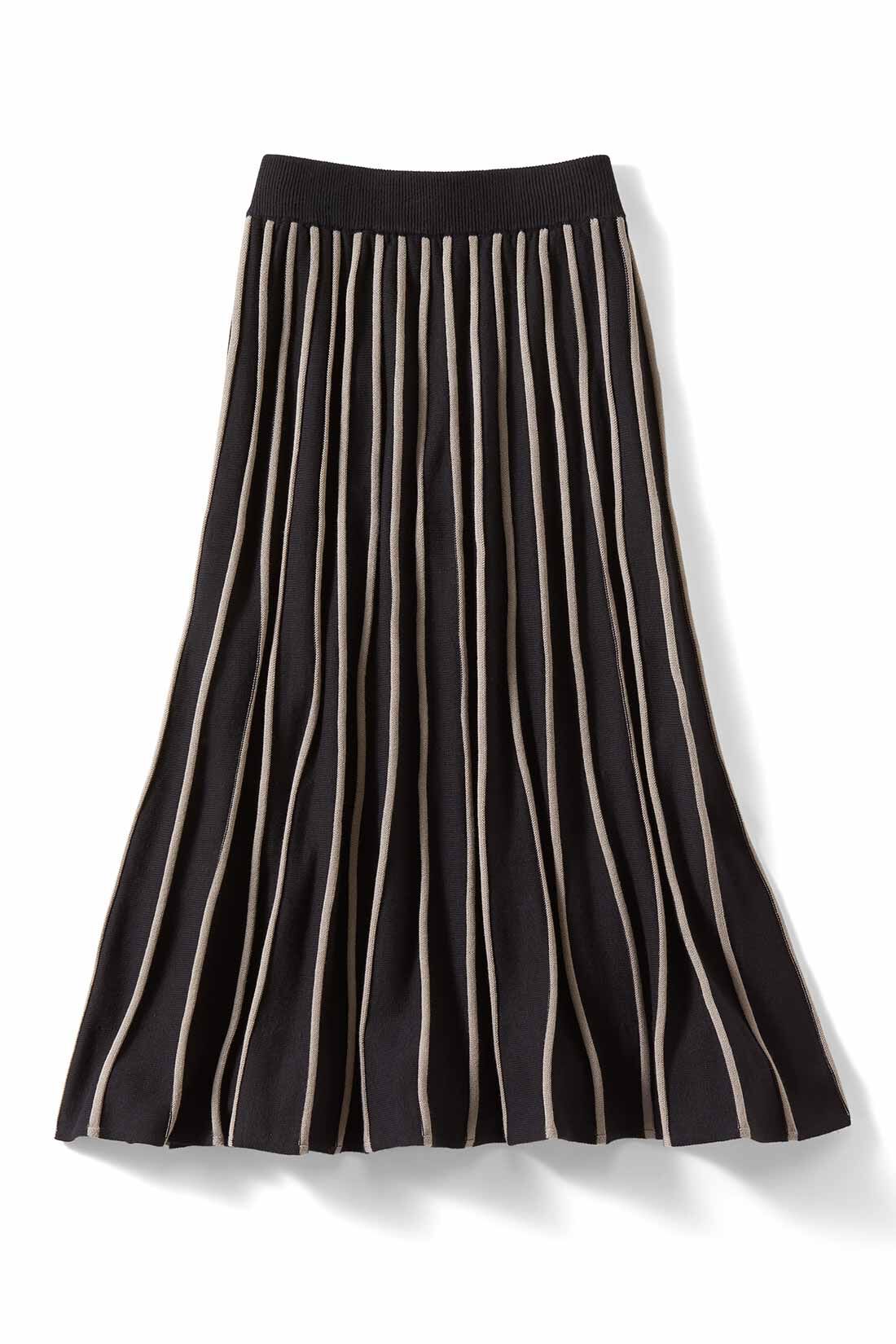 IEDIT[イディット]　ストライプ編み柄のニットフレアースカート〈ブラック〉|ブラック