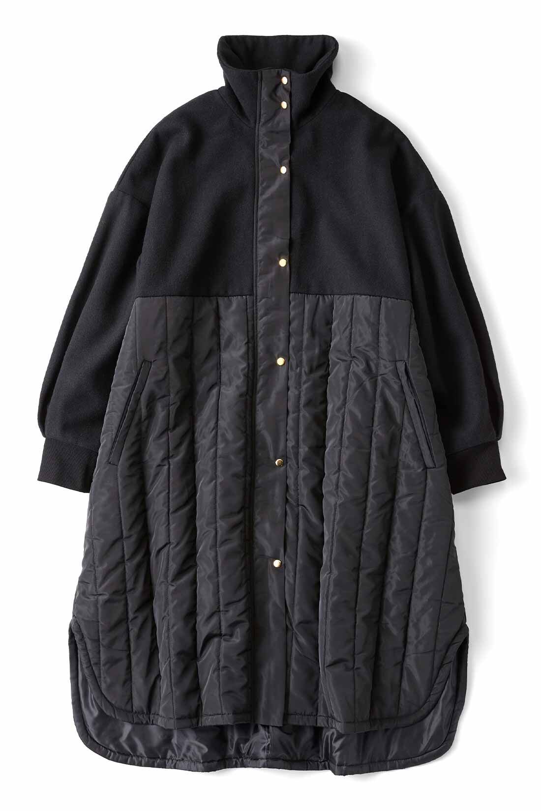IEDIT[イディット]　ウール混メルトン遣いの上品アクティブなストライプキルティングコート|ブラック　ポケットの内側はフリース素材で、手を入れた時にも暖か。