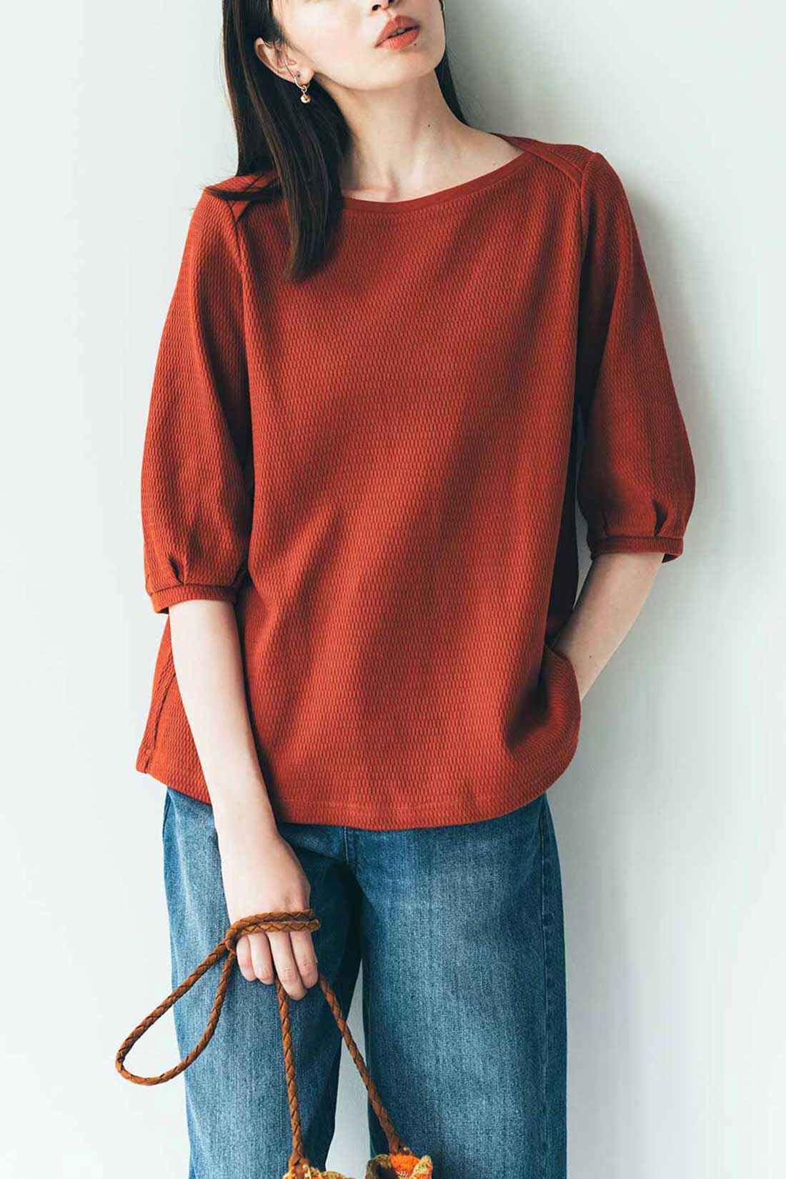 IEDIT|Live love cotton（R）プロジェクト IEDIT[イディット]　デザインネックでデコルテが華やぐ ハニカムカットソートップス