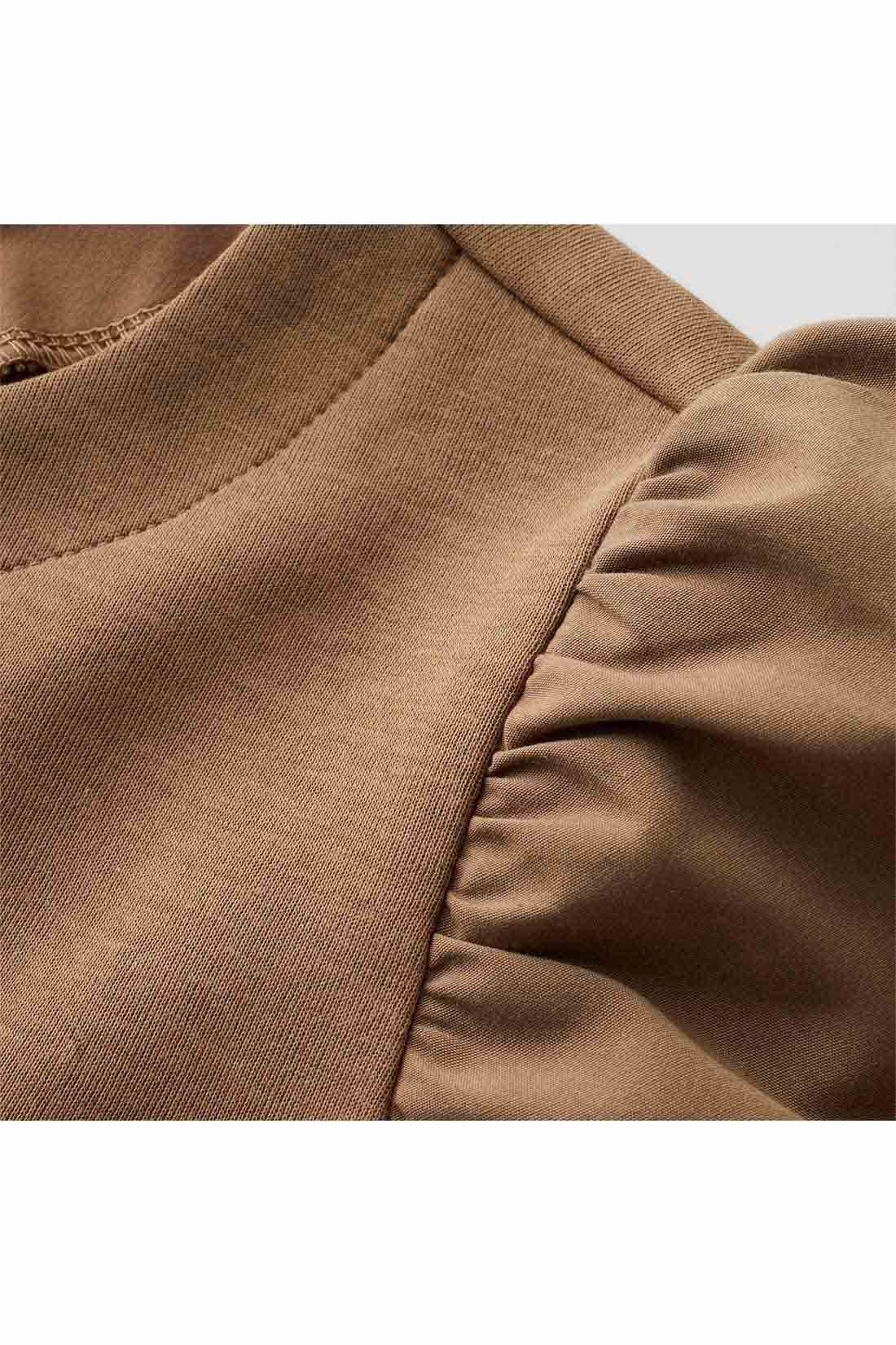IEDIT|IEDIT[イディット]　ふんわり袖デザインが華やかな 異素材切り替えプルオーバー〈モカ〉|袖は張り感のある布はく素材で軽やかに。身ごろはほどよく厚みがあり表面感のきれいなカットソー素材。 ※お届けするカラーとは異なります。