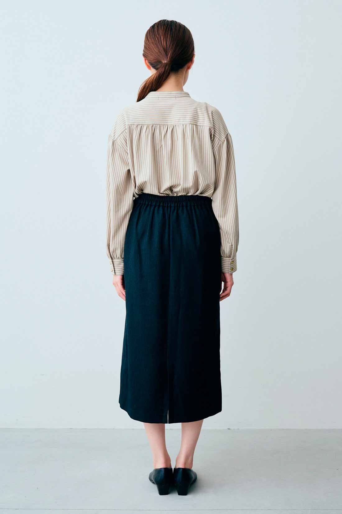 IEDIT[イディット]　ラップ風デザインで着映える 細見えIラインスカート|モデル身長：163cm　着用サイズ：M