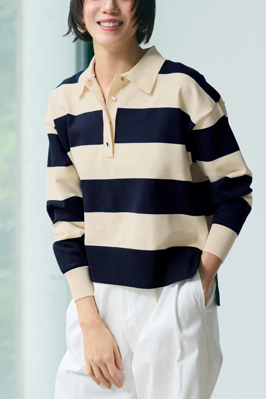 IEDIT|IEDIT[イディット]　マシンウォッシャブルがうれしい　きれいめバウンシー素材のボーダーポロニット〈ネイビー〉