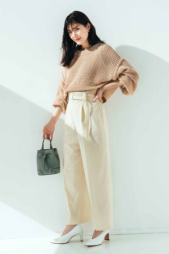 IEDIT | 大人 ハイウエスト ワイドパンツ 〈ライトベージュ〉