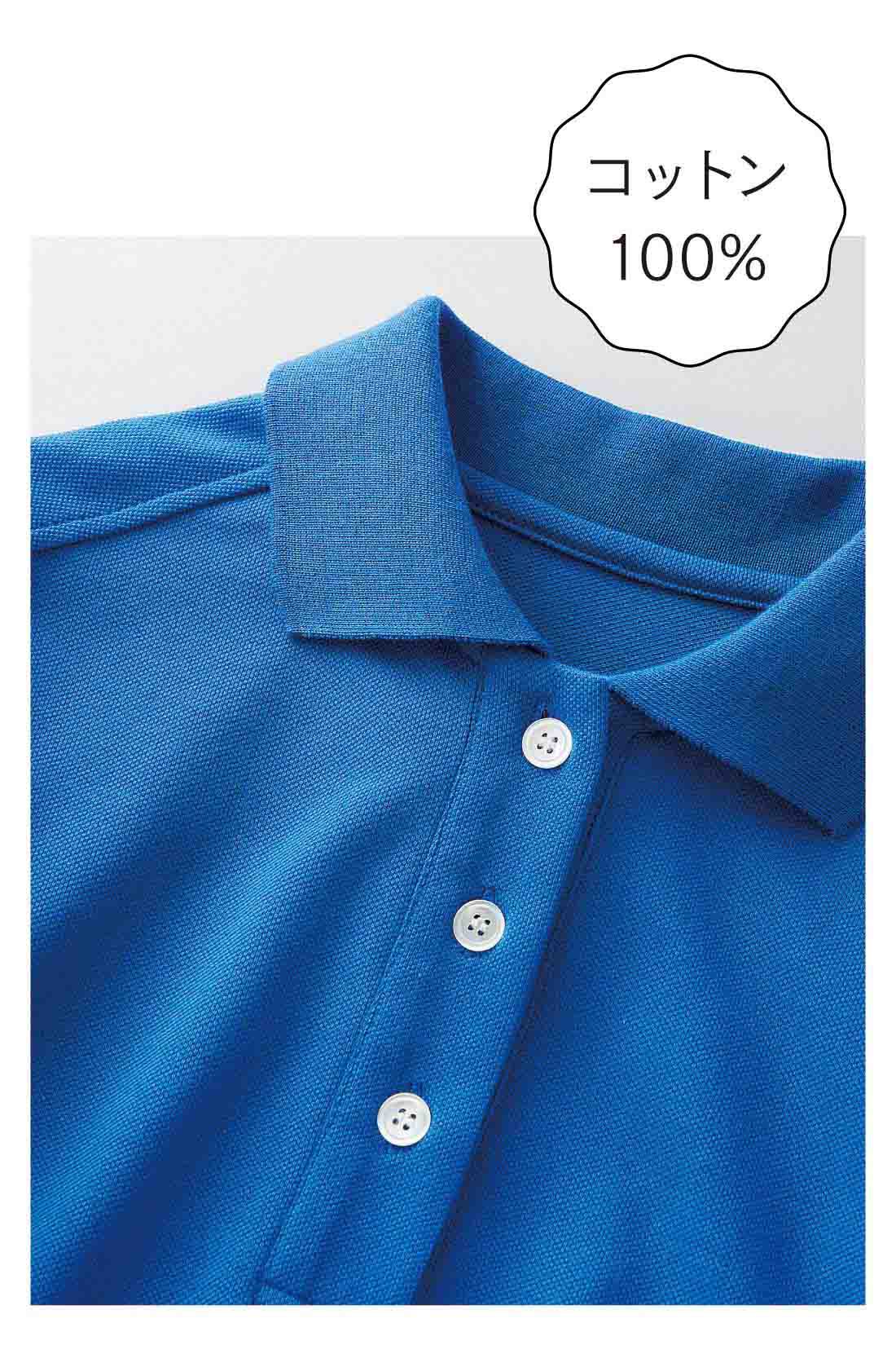 IEDIT|コットン100％ かのこ編みの涼やかパフスリーブポロシャツ〈ブルー〉【おはだが気になるみんなへ】|リブの衿まで綿100％にこだわった、さらっとやわらかな肌心地のかのこ編みカットソー。