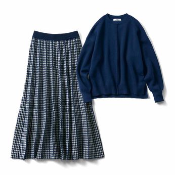 IEDIT | 着まわし便利 ニットトップス ジャカードスカート ベストバランスセット〈ネイビー〉
