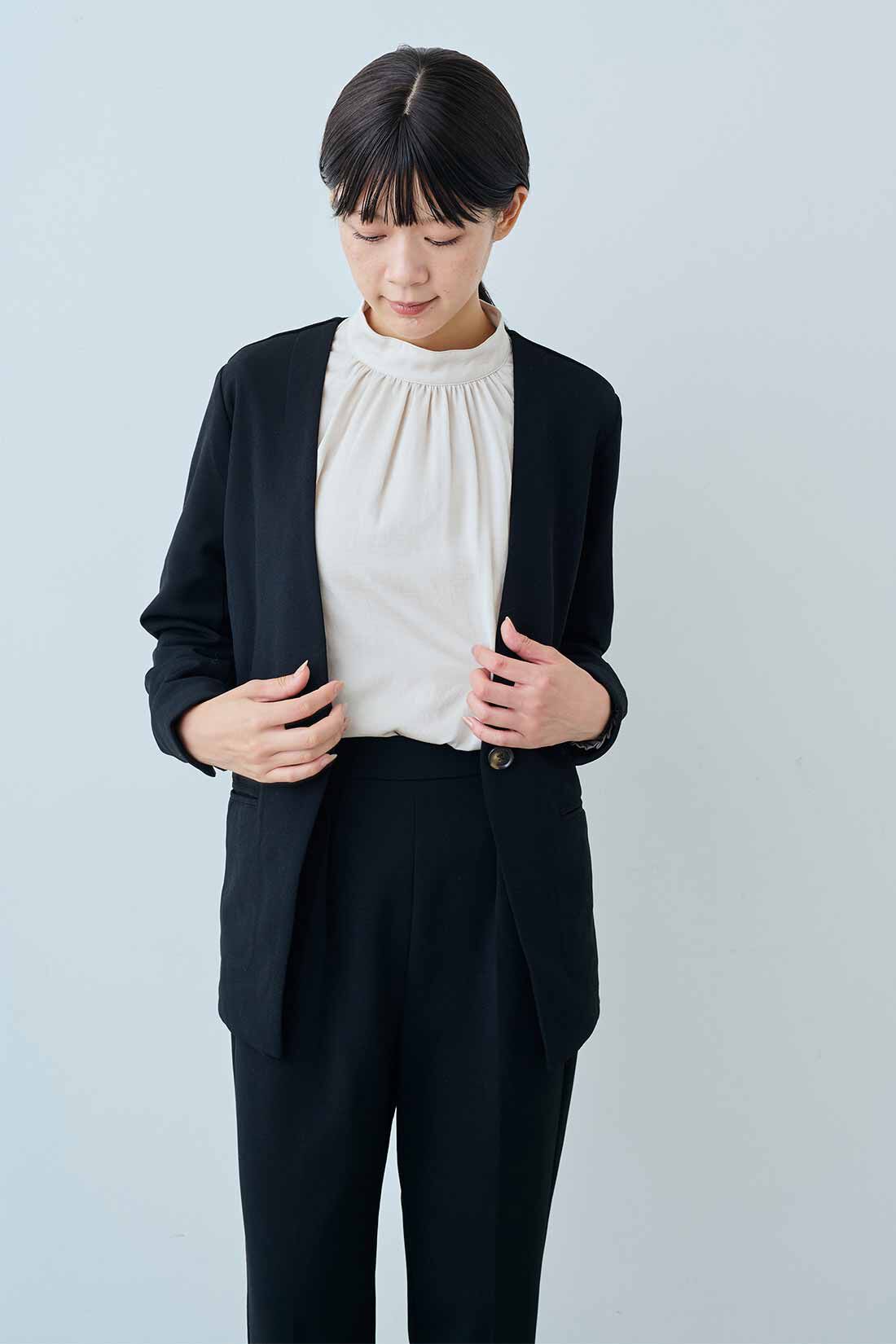 IEDIT|IEDIT[イディット]　帯電防止加工がうれしい いつもキレイな黒が続く純黒素材の 裏微起毛バレエフィット（R）ジャケット〈ブラック〉【コーデ買いキャンペーン】