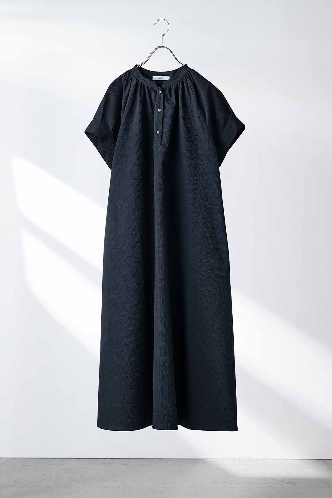IEDIT|IEDIT[イディット]　サっと着られてサマになる サッカー素材のバンドカラーシャツワンピース|〈ブラック〉