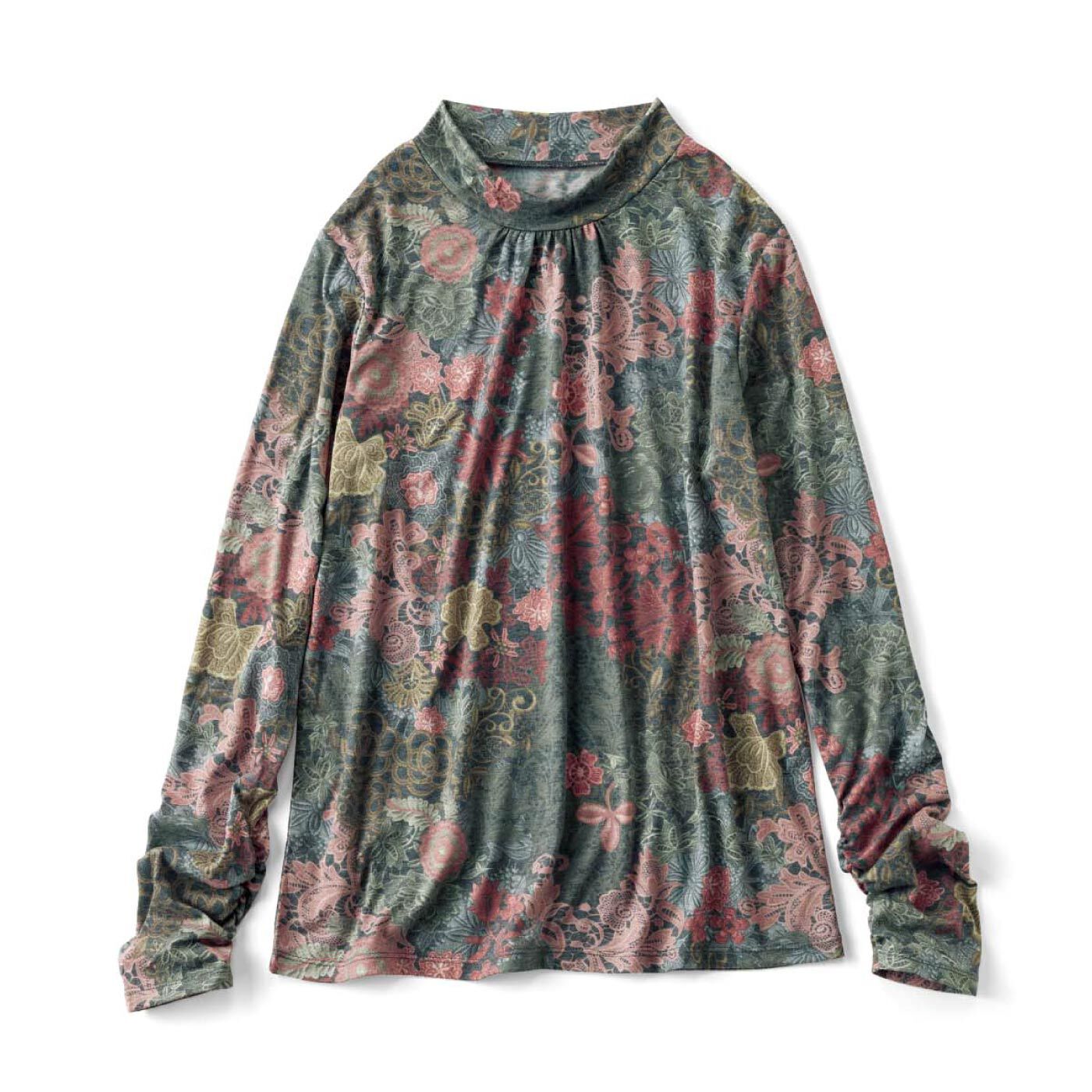 ヨーロッパプリントが華やかに映える カットソー素材の総柄ハイネック