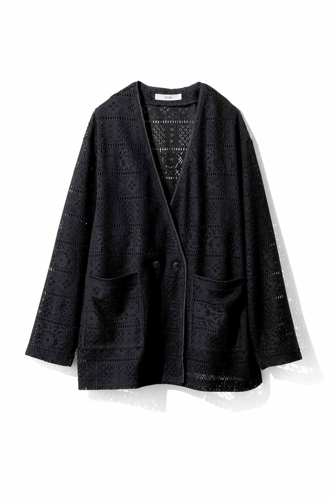 IEDIT［イディット］|IEDIT[イディット]　軽やかにまとう 着こなし華やぐノーカラーレースジャケット|〈ブラック〉