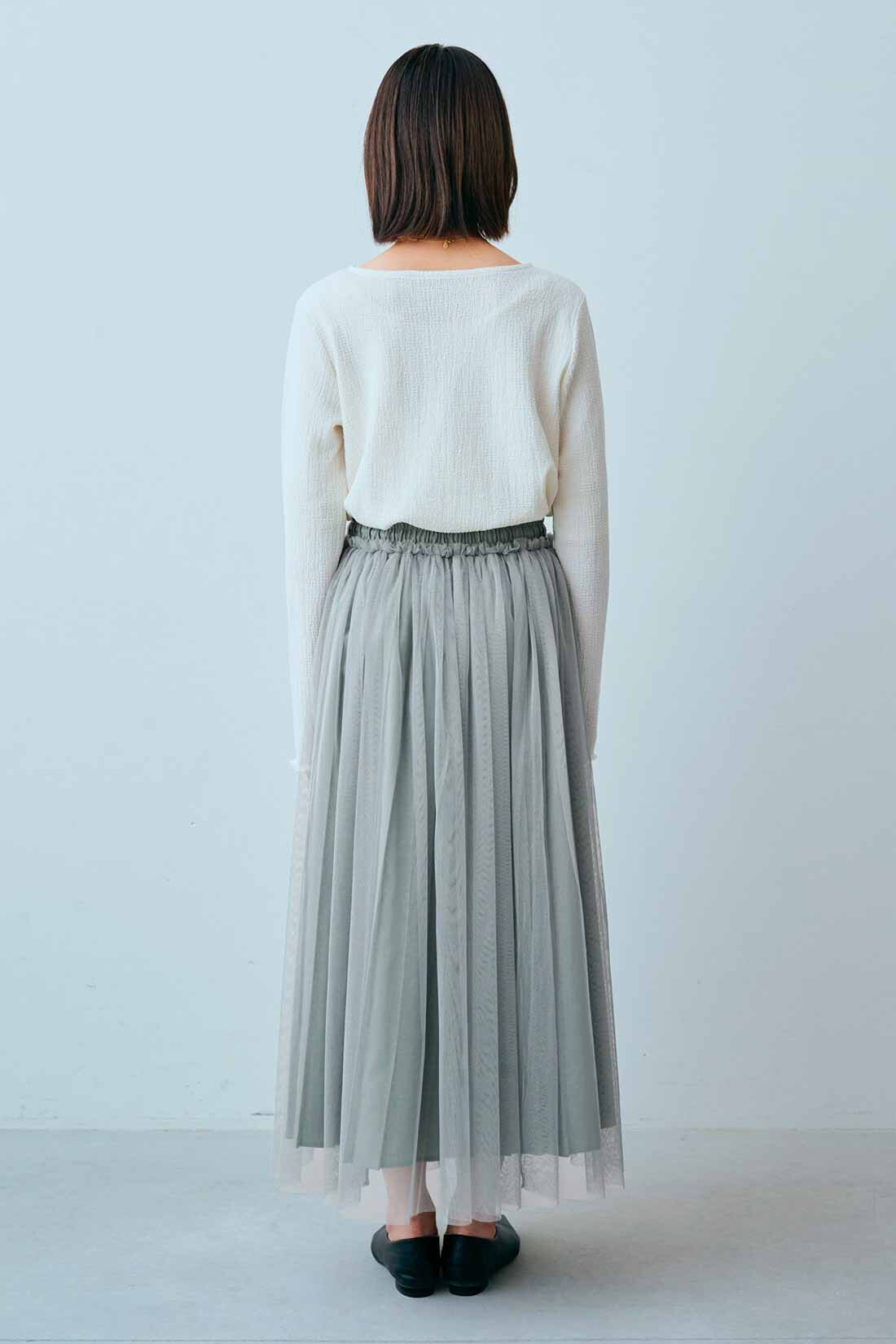 IEDIT[イディット]　プリーツデザインのチュールレイヤードスカート|モデル身長：164cm　着用サイズ：M