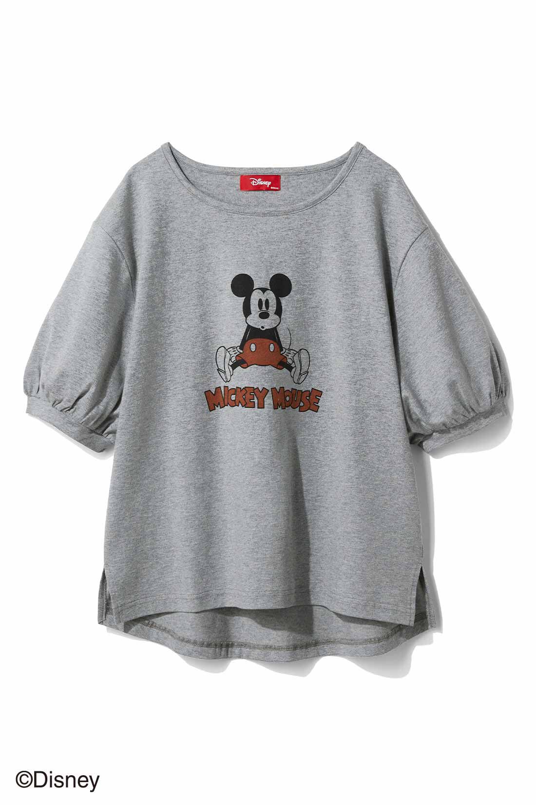IEDIT[イディット]　Disney 古着風プリントの「ミッキーマウス」パフスリーブTシャツ|〈グレー〉