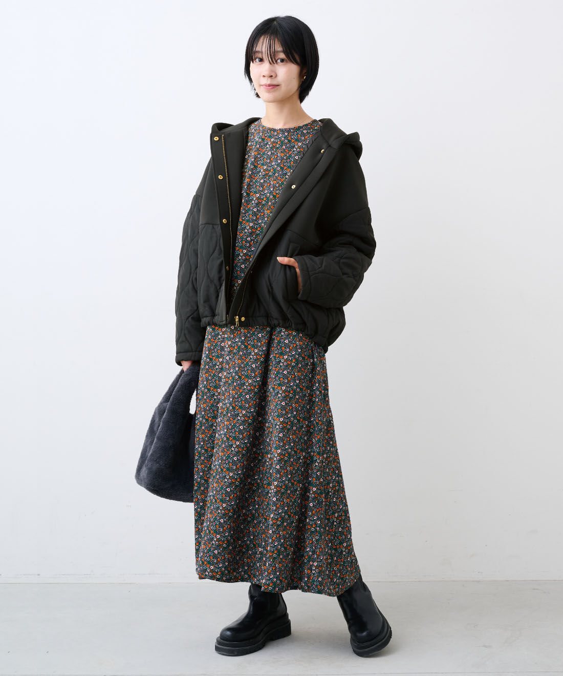 IEDIT［イディット］|レゾリヴァード×福田麻琴さんプリントワンピース〈ブラック〉と福田さんプリントワンピ〈ブラック〉ＩＥのコーディネート