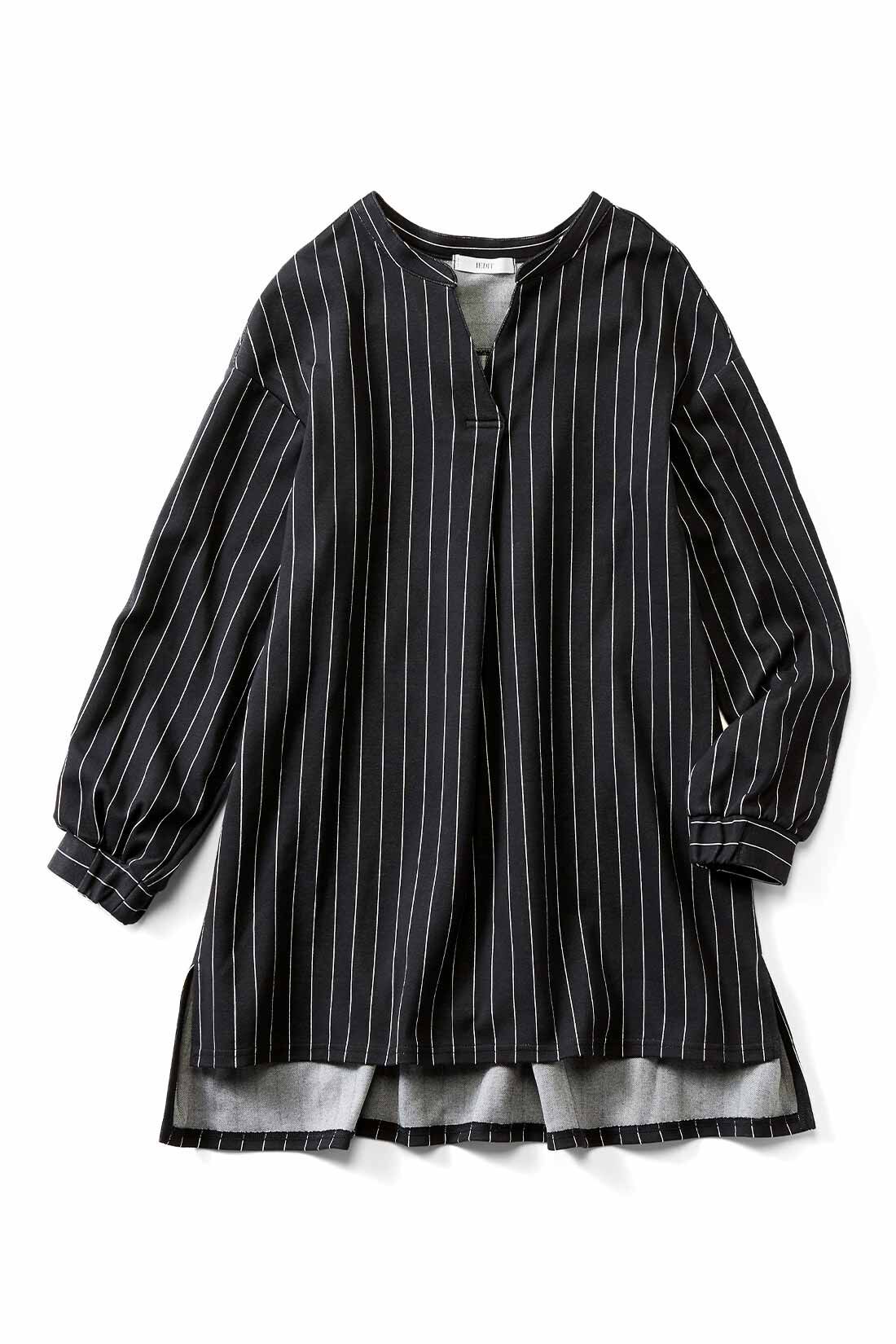 IEDIT［イディット］|IEDIT[イディット]　布はく見えして実はらくちんカットソー ストライプロングシャツプルオーバー〈ダークグレー〉