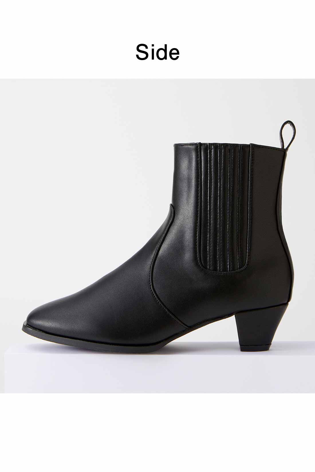 IEDIT[イディット]　どんなコーデにもすっきり履ける きれい見えサイドゴムショートブーツ〈ブラック〉|高すぎず低すぎない、美脚見えする4.5cmヒール。