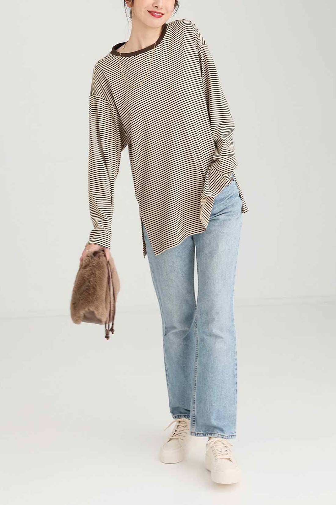 IEDIT［イディット］|Live love cotton（R）プロジェクト IEDIT[イディット]　極細ボーダーが大人っぽい オーバーサイズリンガーTシャツ〈ブラック×オフホワイト〉|これは参考画像です。お届けするカラーとは異なります。