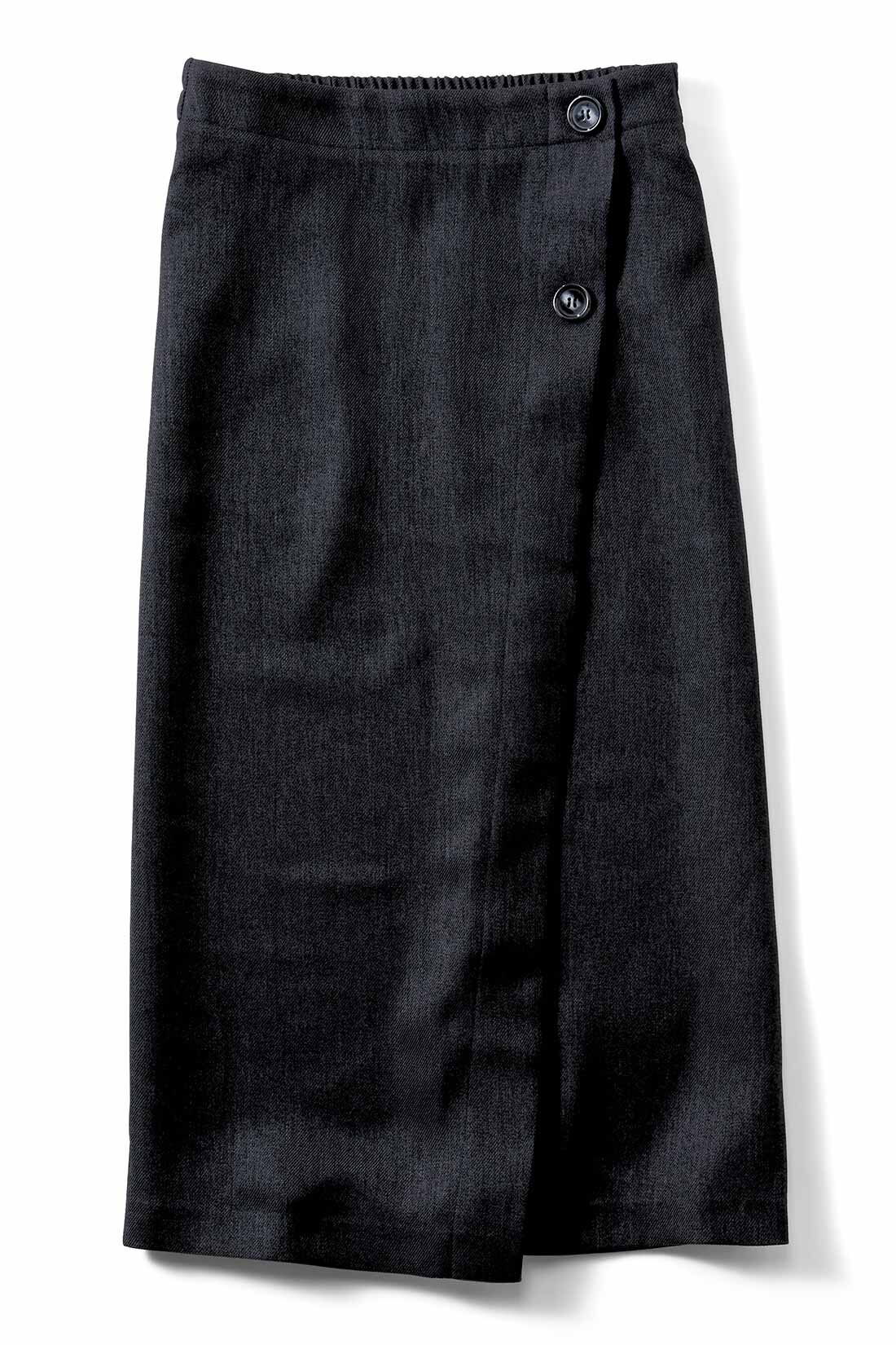 IEDIT[イディット]　ラップ風デザインで着映える 細見えIラインスカート|〈ブラック〉