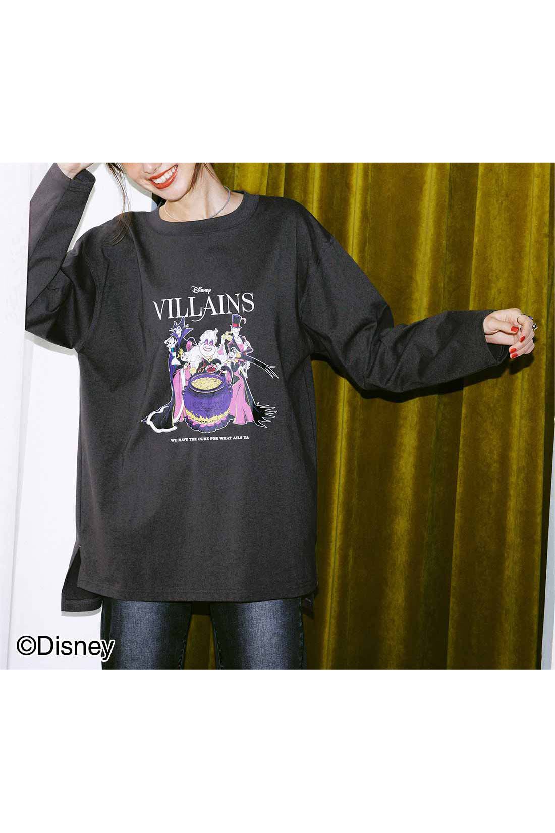 IEDIT|IEDIT[イディット]　Disney 「ヴィランズ」 古着風オーバーサイズ長袖Tシャツ〈ダークグレー〉