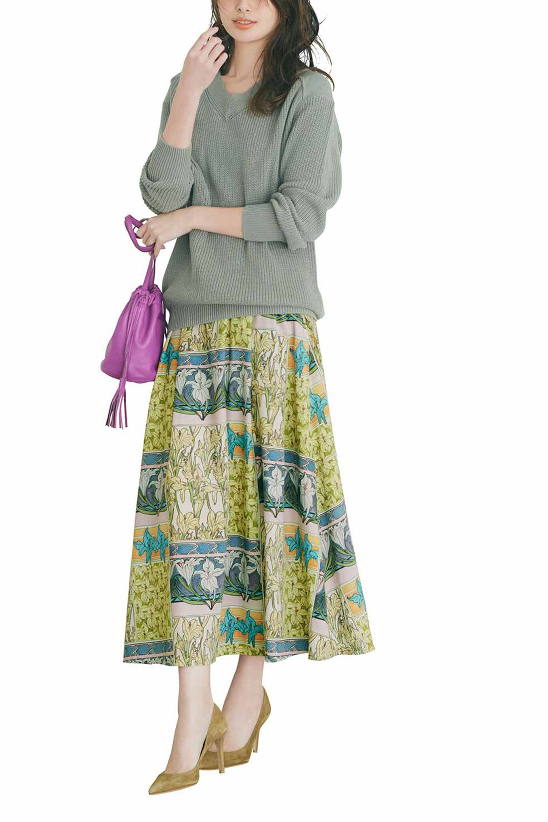 IEDIT|IEDIT[イディット]　優美なミュシャの図案をまとう クラッシックなプリントスカート〈ベージュ〉