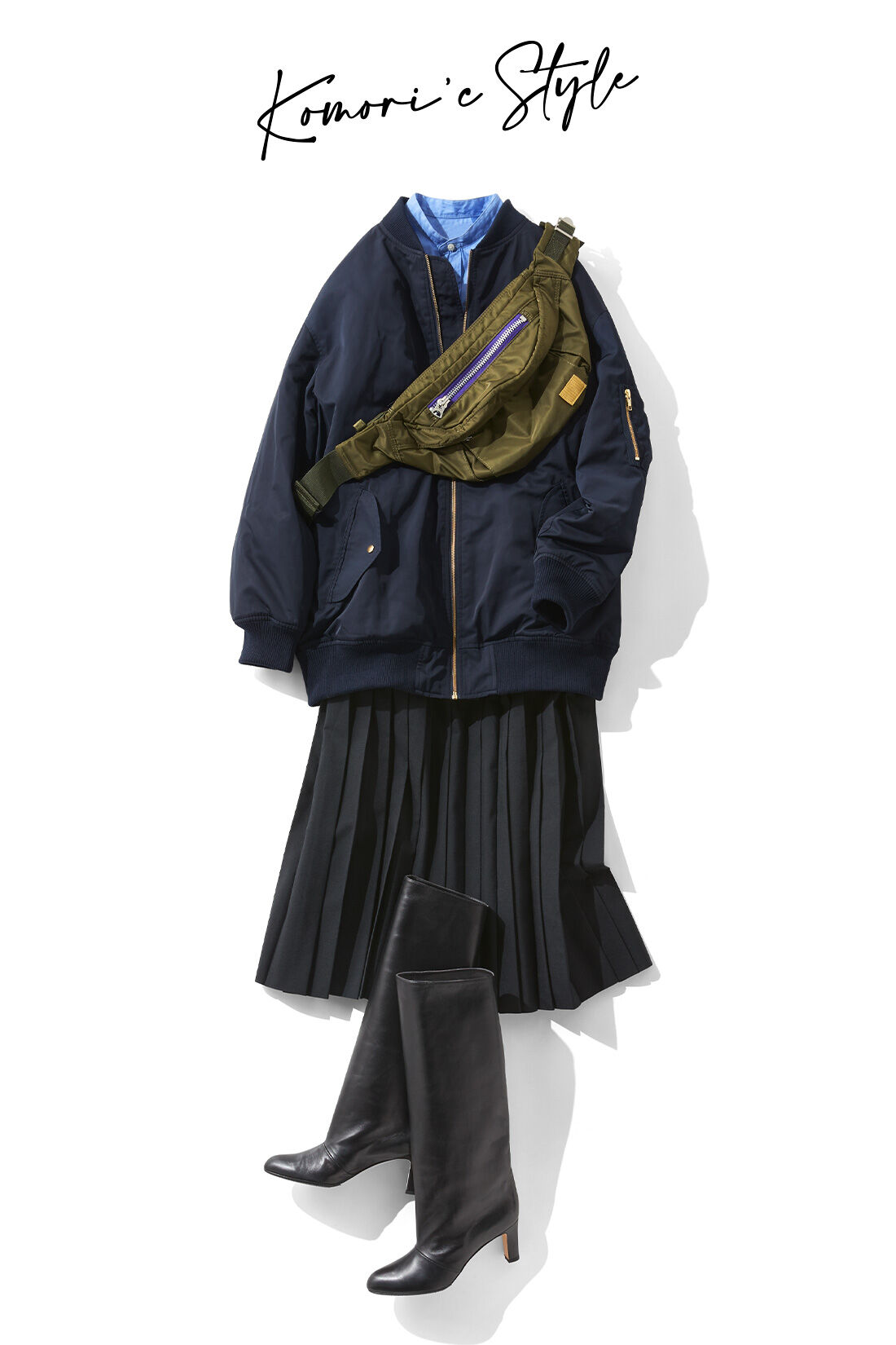 IEDIT|IEDIT[イディット]　小森美穂子さんコラボ ミドル丈MA-1中わたコート〈ネイビー〉|ネイビーのブルゾンを基軸に、マニッシュなトーンでまとめたスタイルは、つやのある素材感を取り入れて女性らしさも意識して。