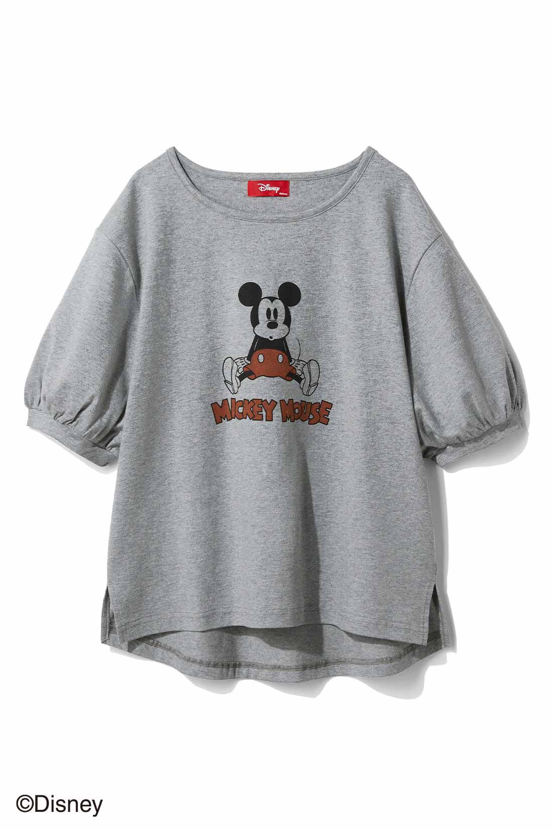 IEDIT|IEDIT[イディット]　Ｄｉｓｎｅｙ　古着風プリントの「ミッキーマウス」パフスリーブＴシャツ〈グレー〉|〈グレー〉