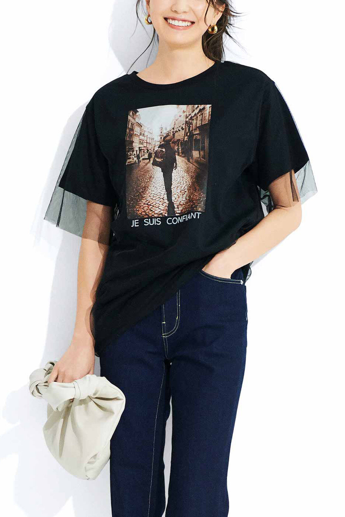 IEDIT[イディット] グラフィックプリントのレイヤードビッグTシャツ〈ブラック〉