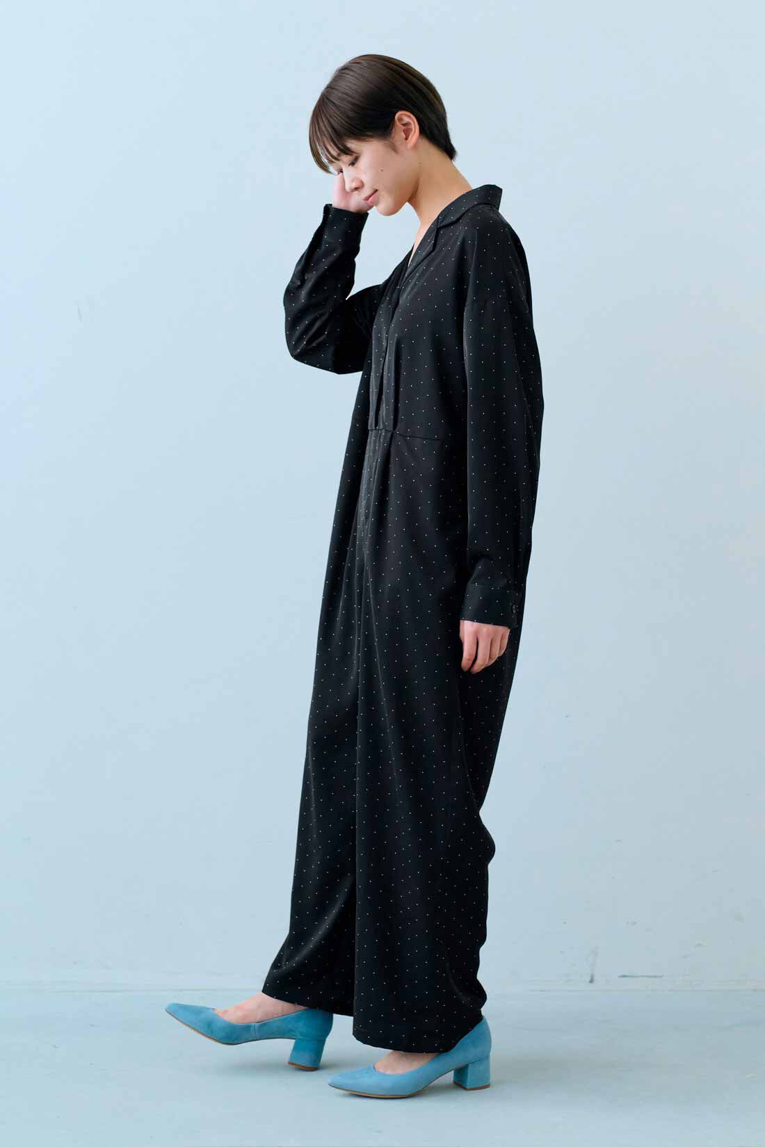 IEDIT|IEDIT[イディット]　福田麻琴さんコラボ ドットオールインワン〈ブラック〉|モデル身長：163cm　着用サイズ：M