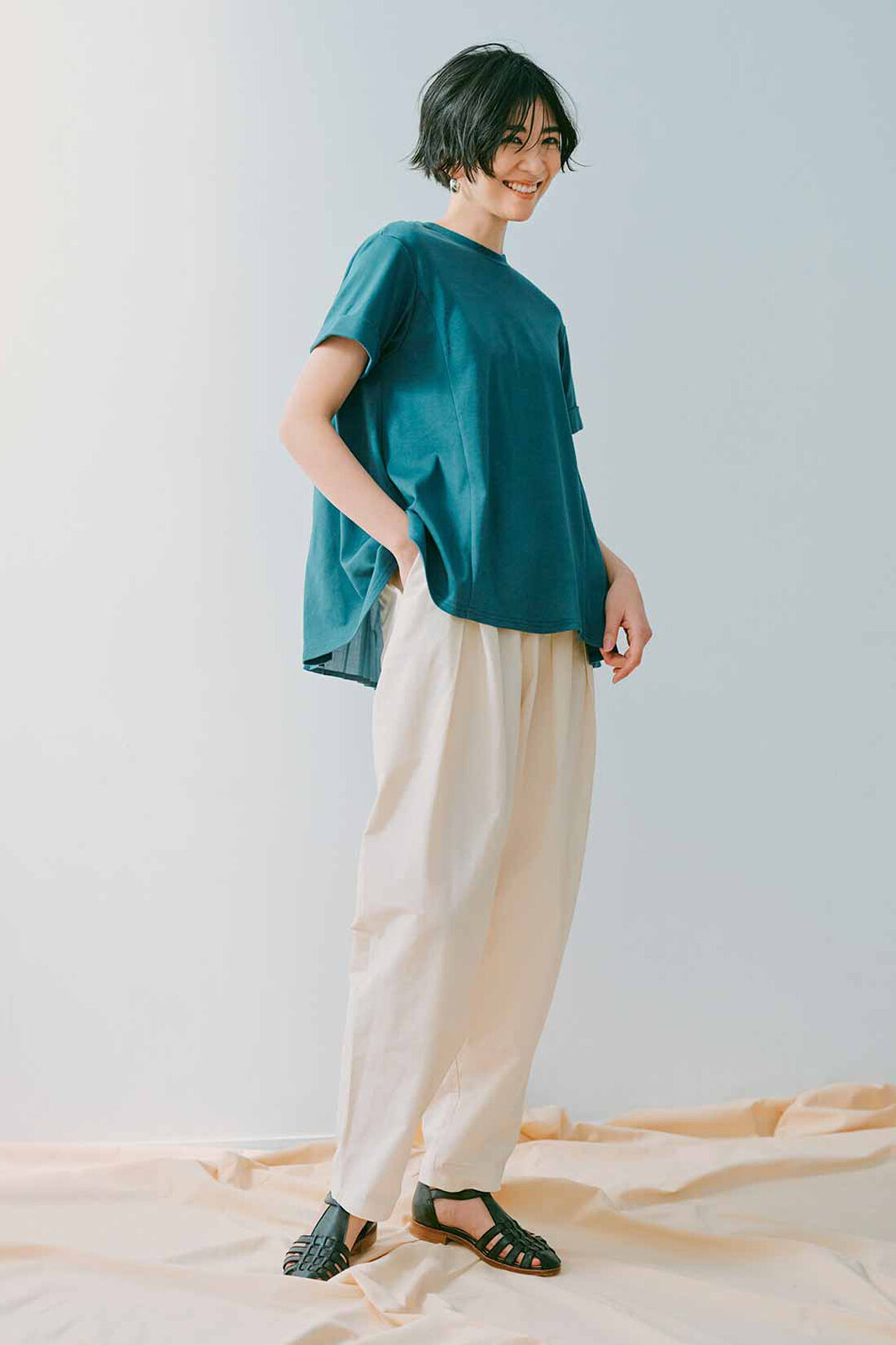 IEDIT［イディット］|接触冷感 吸汗速乾 抗菌防臭 Ohcool（R）Ⅱ plus素材 バックプリーツ カットソー トップス〈緑〉のコーディネート