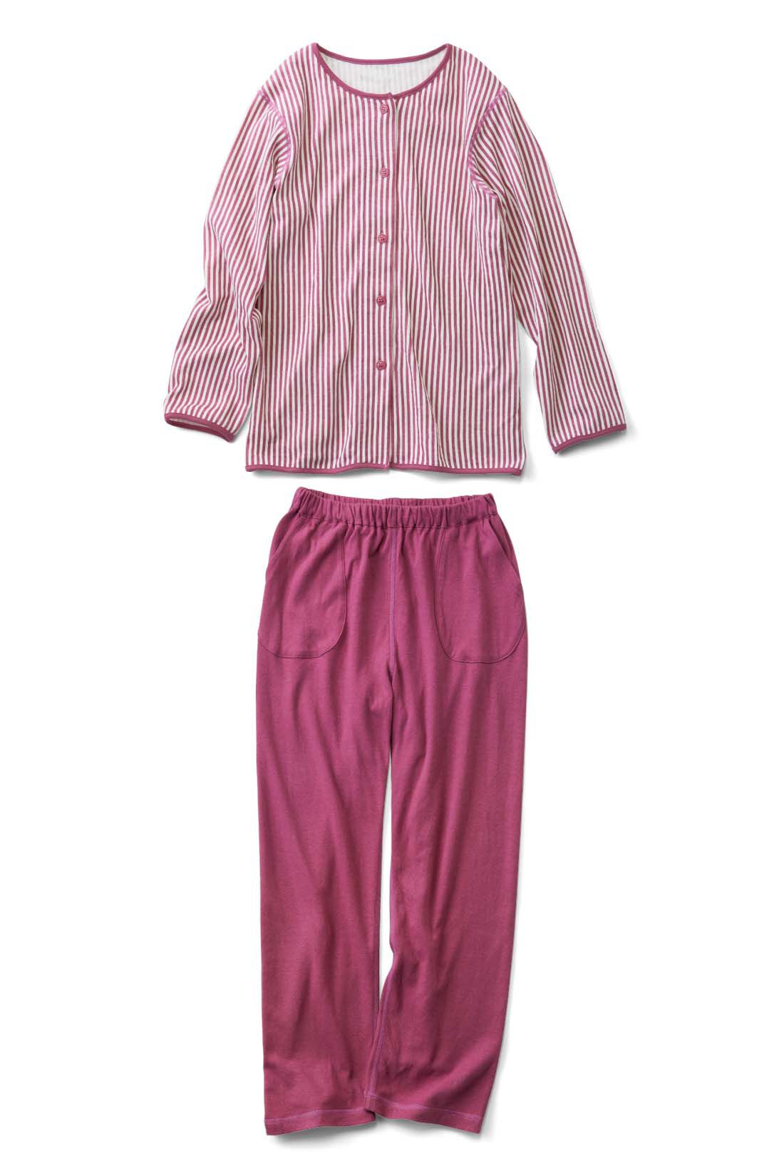 IEDIT|【おはだが気になるみんなへ】わきに縫い目がない 寝心地のよさに感動！ ふわふわ接結ガーゼパジャマ〈ピンク〉|肌にごろつかないように、ポケットも外付けに。