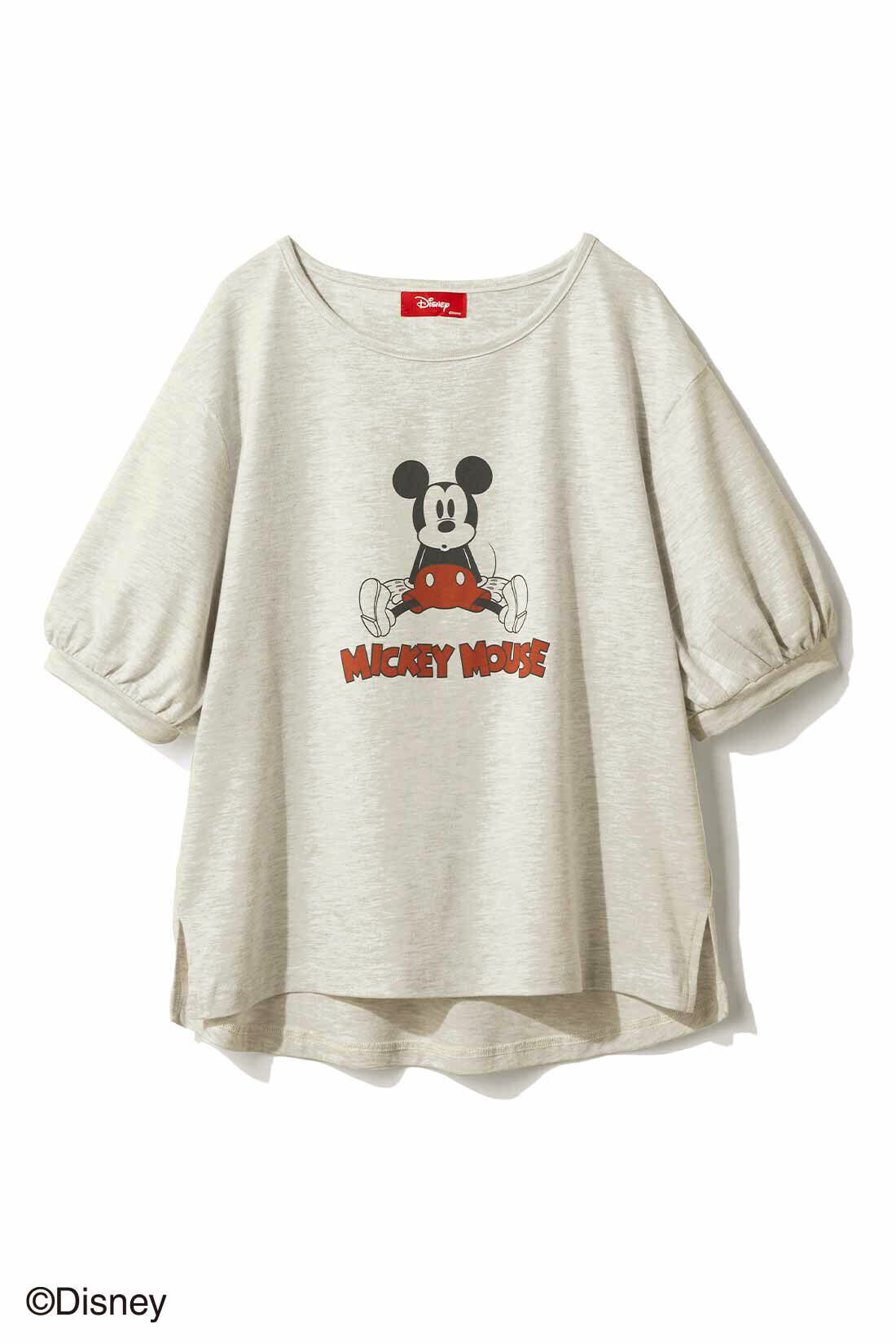 IEDIT[イディット]　Disney 古着風プリントの「ミッキーマウス」パフスリーブTシャツ|〈オートミールベージュ〉