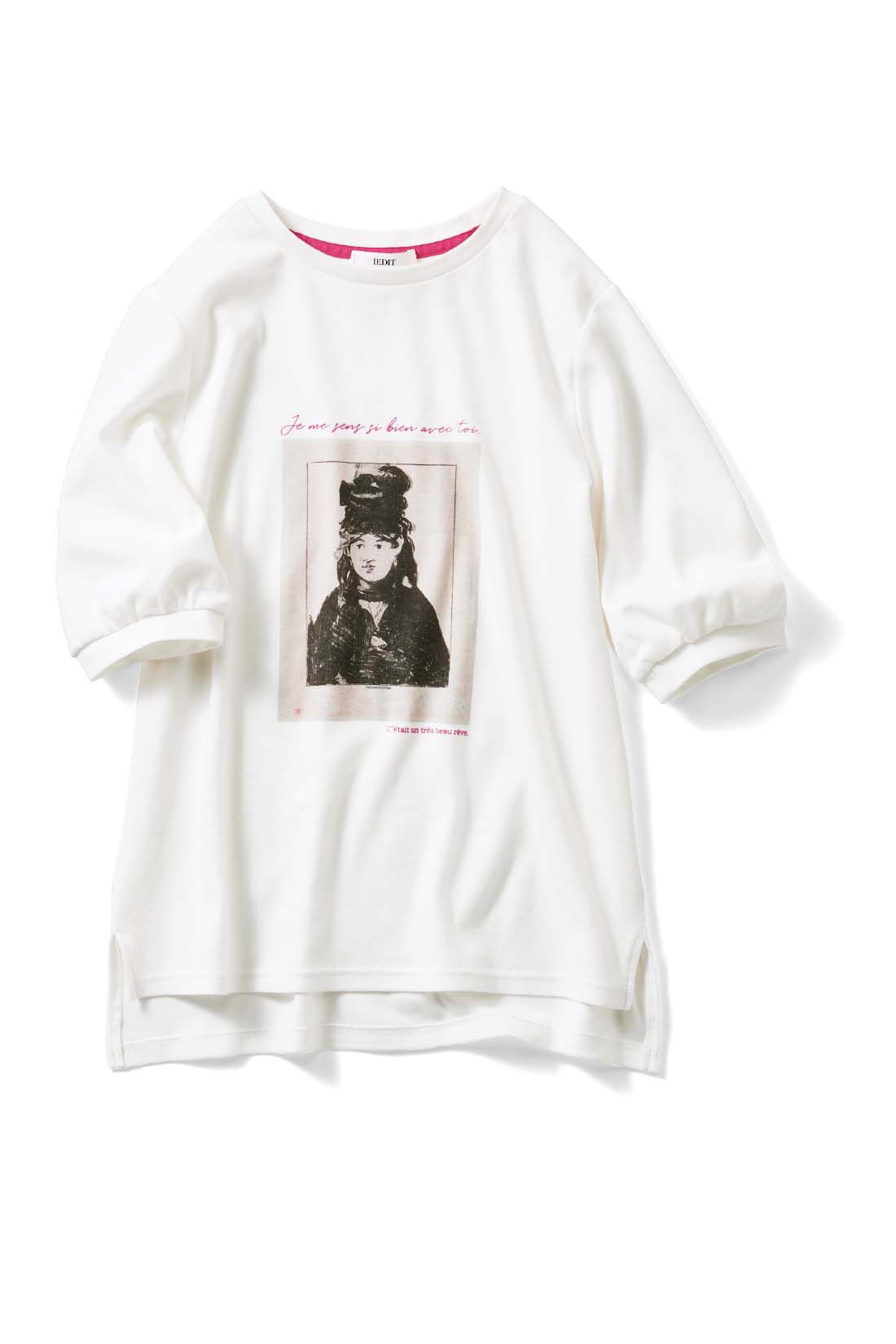 イディット|Live love cottonプロジェクト　IEDIT[イディット]　近代美術の創始者マネが描いたチャーミングなベルト・モリゾをあしらったパフスリーブアートTシャツ〈ホワイト〉