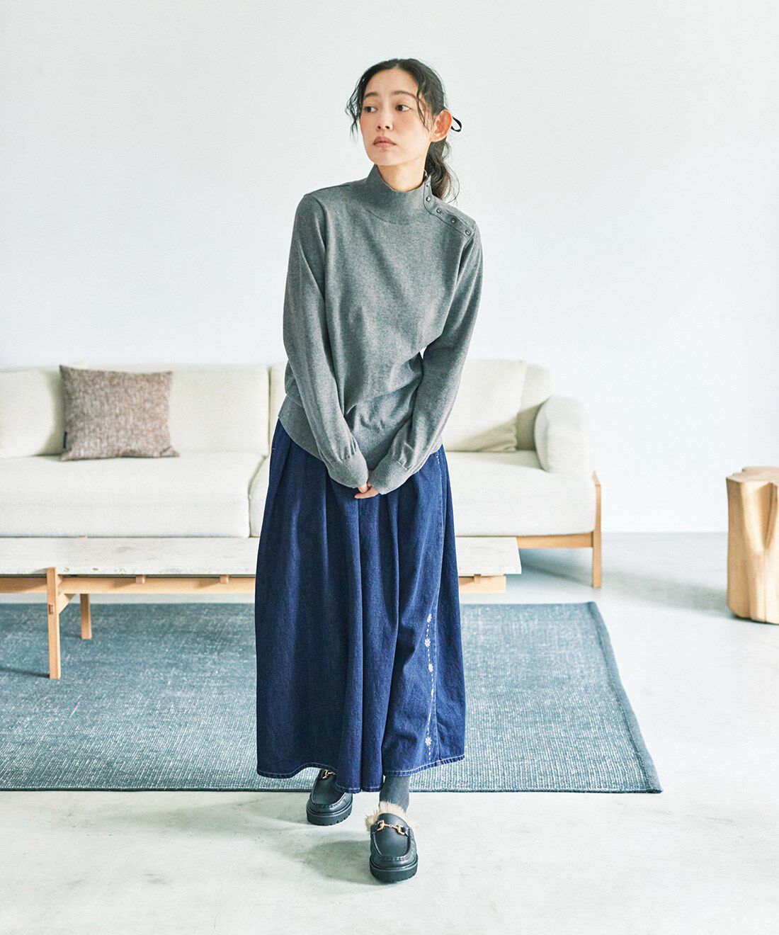 and myera|デニム ボリューム スカート ネイビーのコーディネート