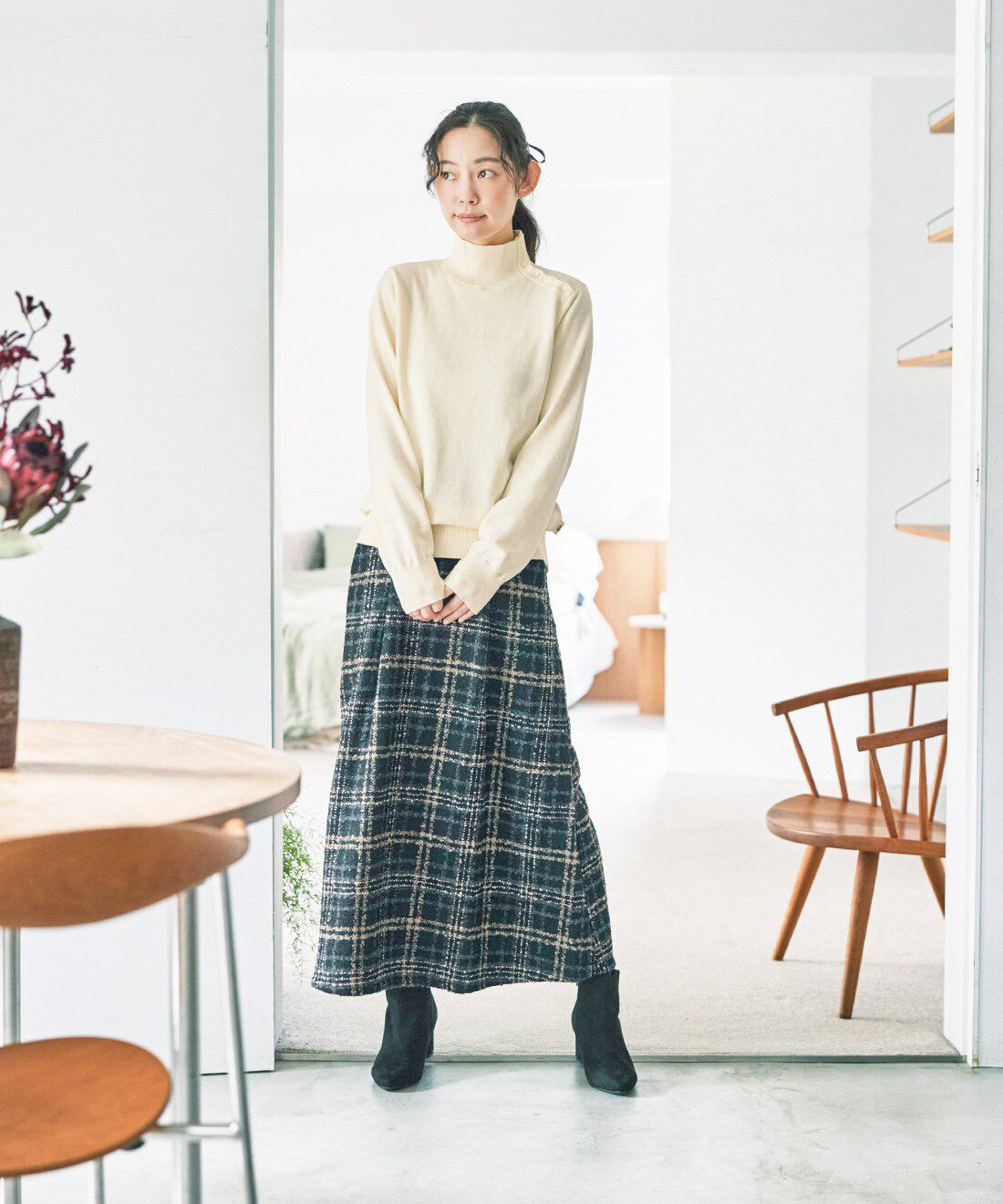 and myera|ヴィンテージ チェック スカート ブラックのコーディネート