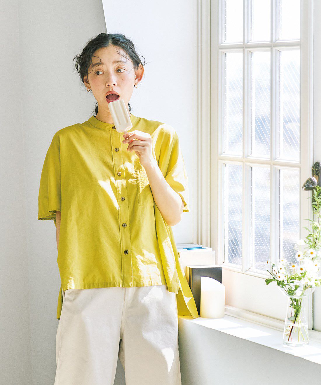 and myera|and myera ドロップドフレンチスリーブシャツ〈黄色〉