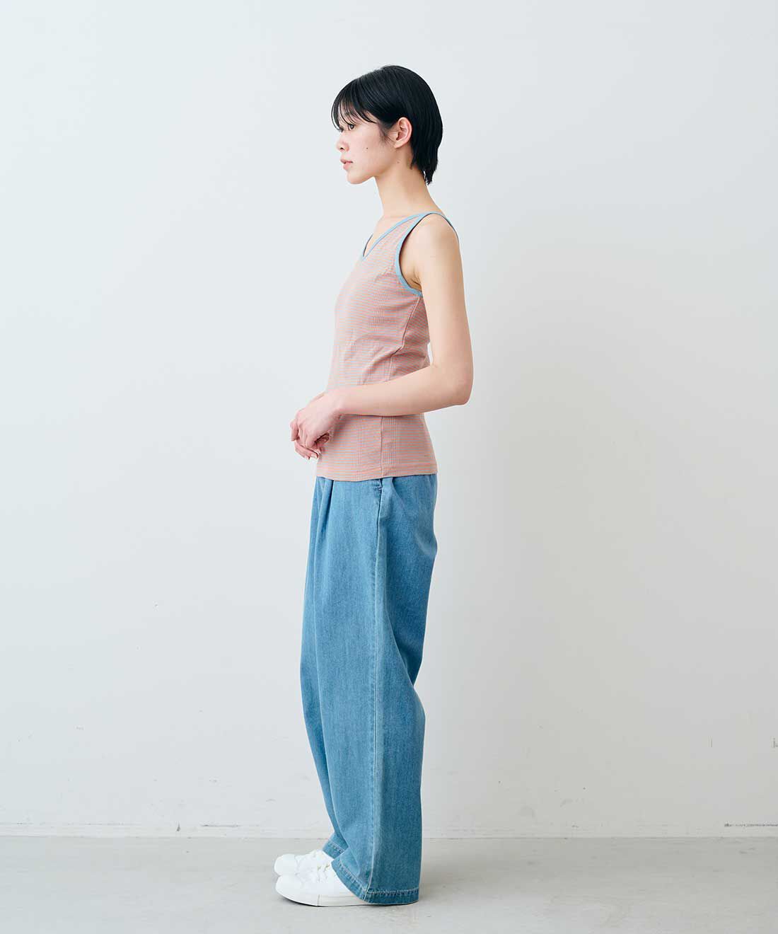 シロップ．|【WEB限定】miller リブボーダーカップ付きキャミタンク〈レッド×ベージュ〉【シロップ．バスケット】|モデル身長:163cm ※お届けのカラーとは異なります。
