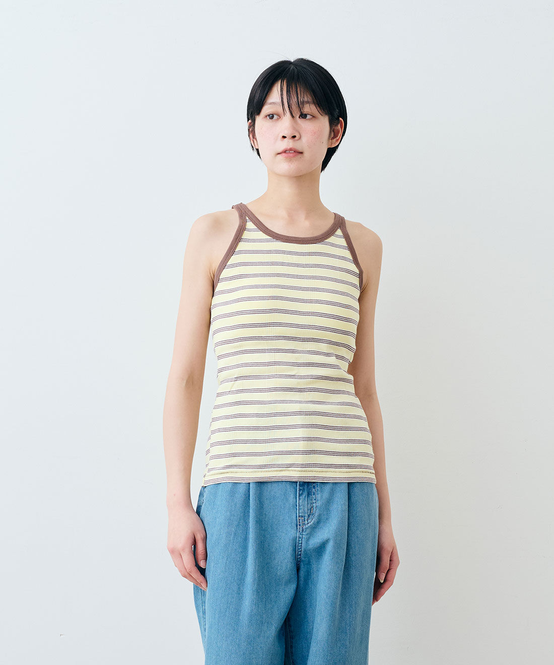 シロップ．|【WEB限定】miller リブボーダーカップ付き タンクトップ　〈イエロー×ブラウン〉【シロップ．バスケット】