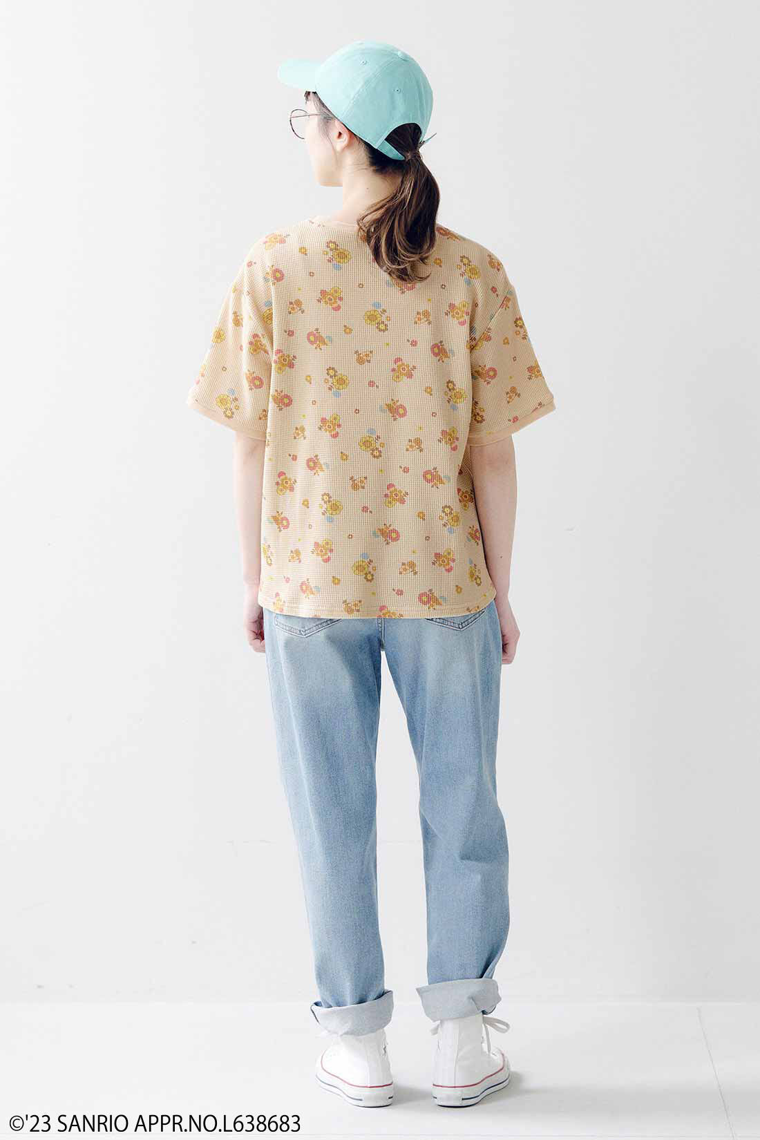 シロップ．|サンリオキャラクターコラボ お花模様のコットンワッフルTシャツ〈ゴロピカドン〉|身長162cm、Mサイズ着用
