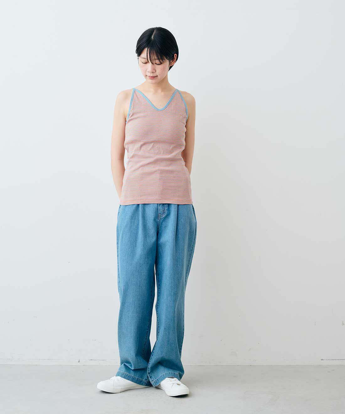 シロップ．|【WEB限定】miller リブボーダーカップ付きキャミタンク〈レッド×ベージュ〉【シロップ．バスケット】|モデル身長:163cm ※お届けのカラーとは異なります。