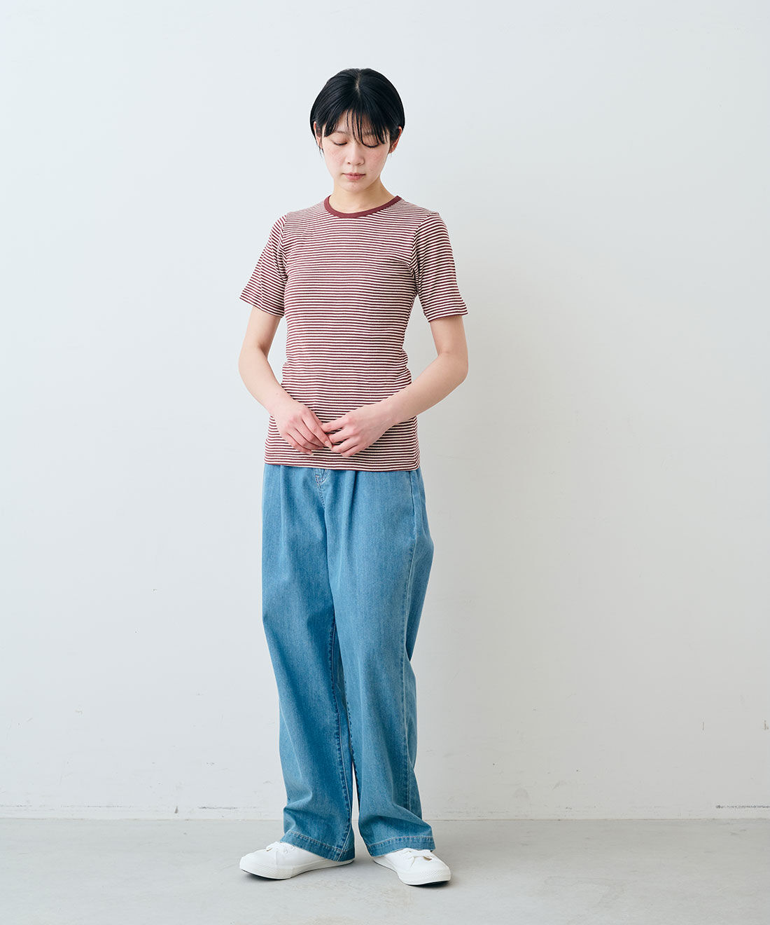 シロップ．|【WEB限定】miller リブボーダーＴシャツ〈イエロー×ブラウン〉【シロップ．バスケット】|モデル身長:163cm　※お届けのカラーとは異なります。