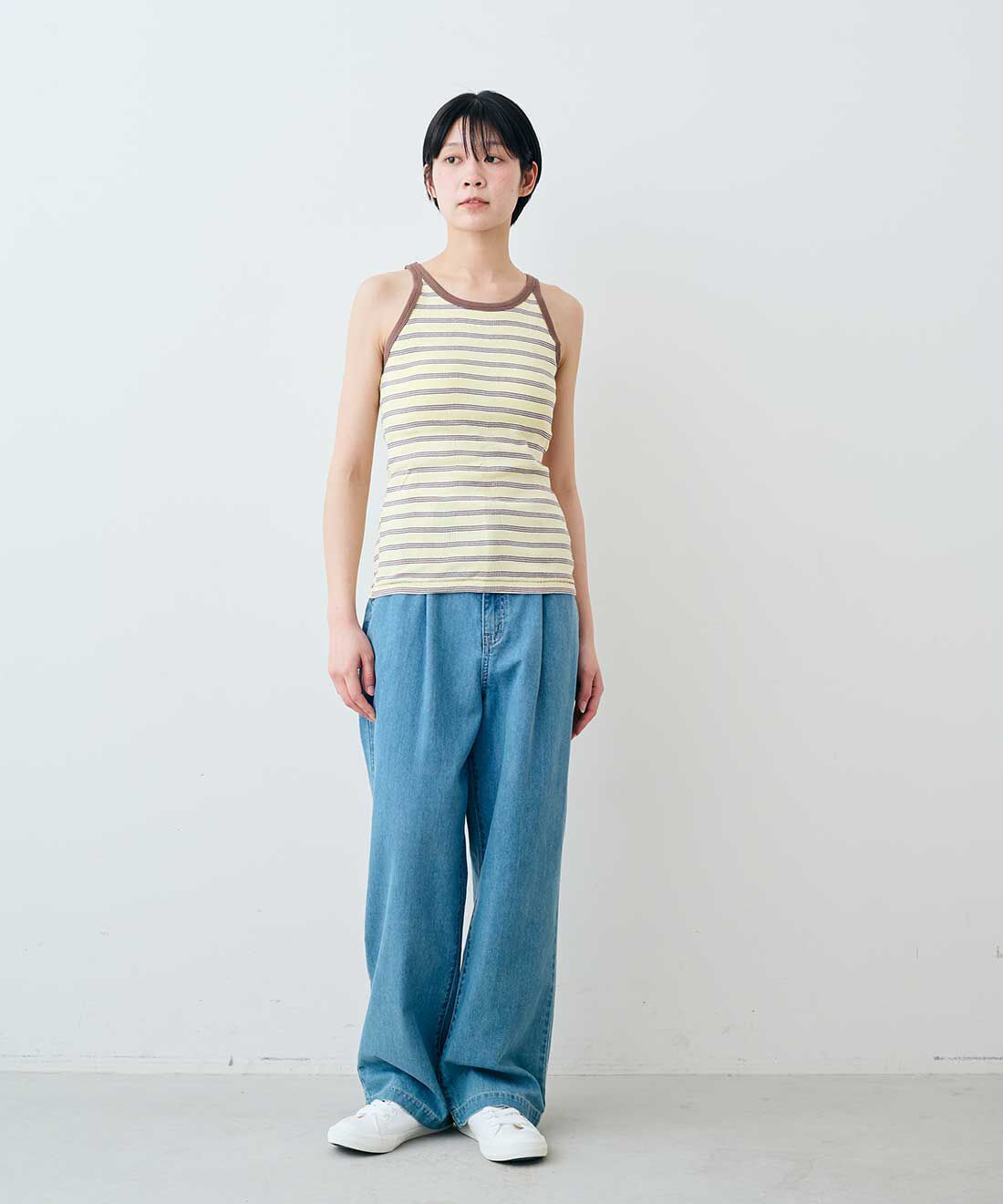 SYRUP. [シロップ．]|【WEB限定】miller リブボーダーカップ付きタンクトップ〈グレー×ブラック〉【シロップ．バスケット】|モデル身長:163cm　※お届けのカラーとは異なります。