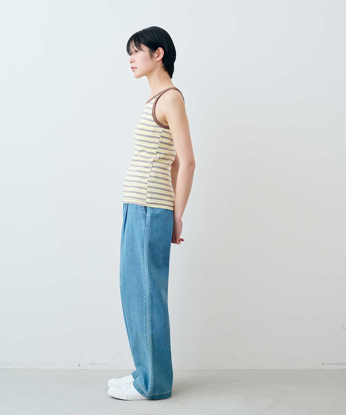 SYRUP. [シロップ．]|【WEB限定】miller リブボーダーカップ付きタンクトップ〈グレー×ブラック〉【シロップ．バスケット】|モデル身長:163cm　※お届けのカラーとは異なります。