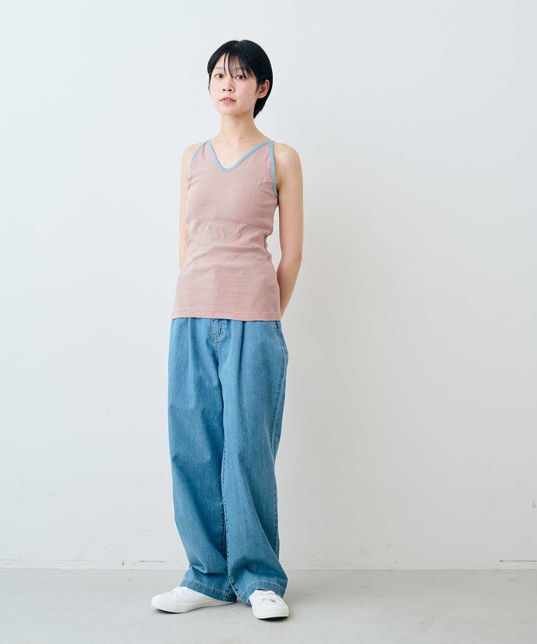 シロップ．|【WEB限定】miller リブボーダーカップ付きキャミタンク〈レッド×ベージュ〉【シロップ．バスケット】|モデル身長:163cm ※お届けのカラーとは異なります。