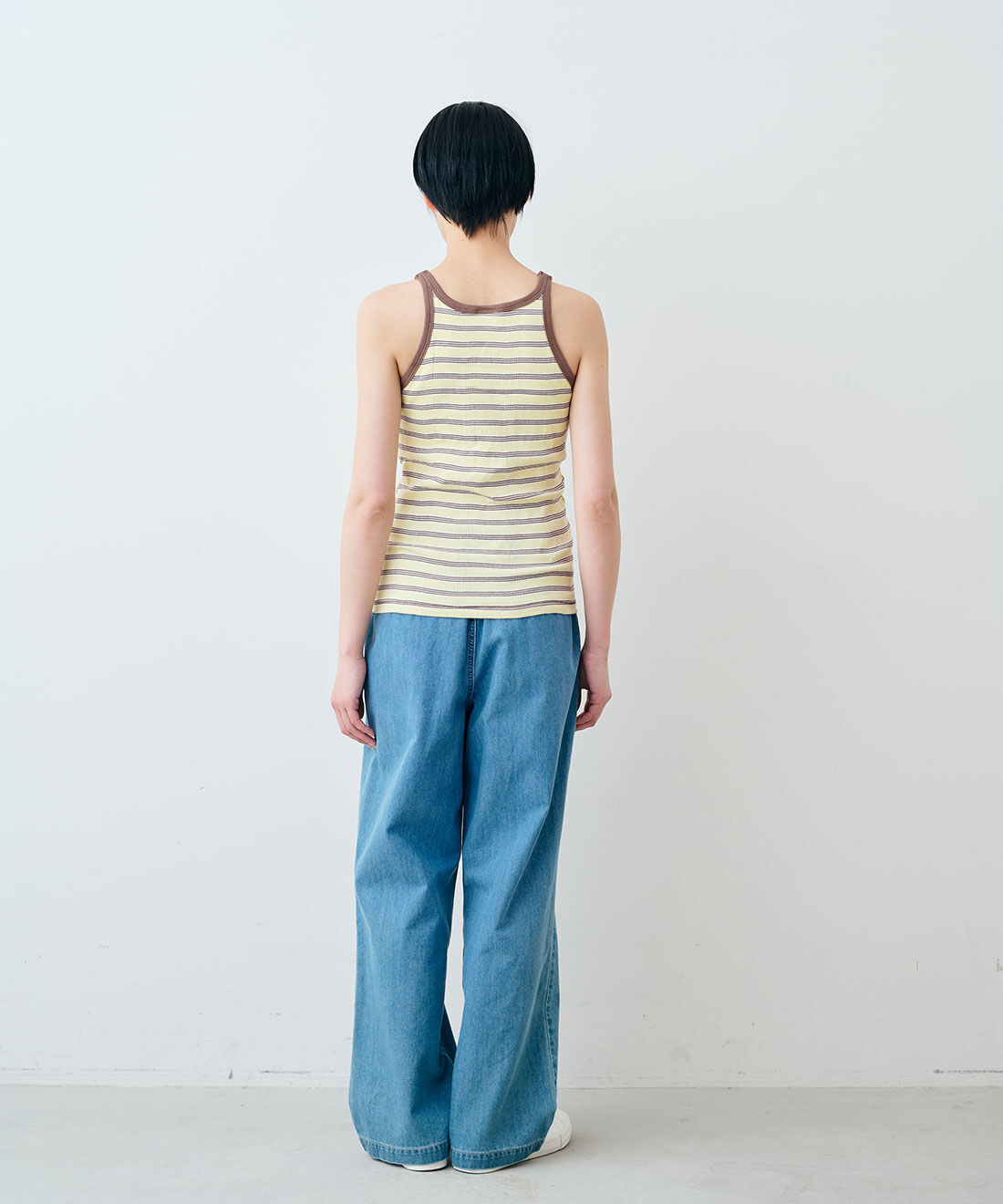 シロップ．|【WEB限定】miller リブボーダーカップ付き タンクトップ　〈イエロー×ブラウン〉【シロップ．バスケット】