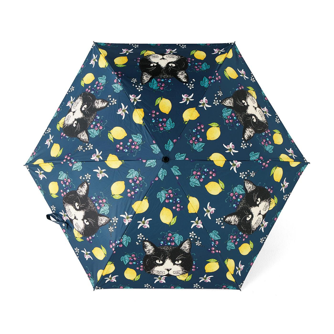 猫部|nemunoki paper item×猫部　猫と実りのUVカット晴雨兼用折りたたみ傘|ハチワレ猫さんとフルーツが華やかなデザイン。