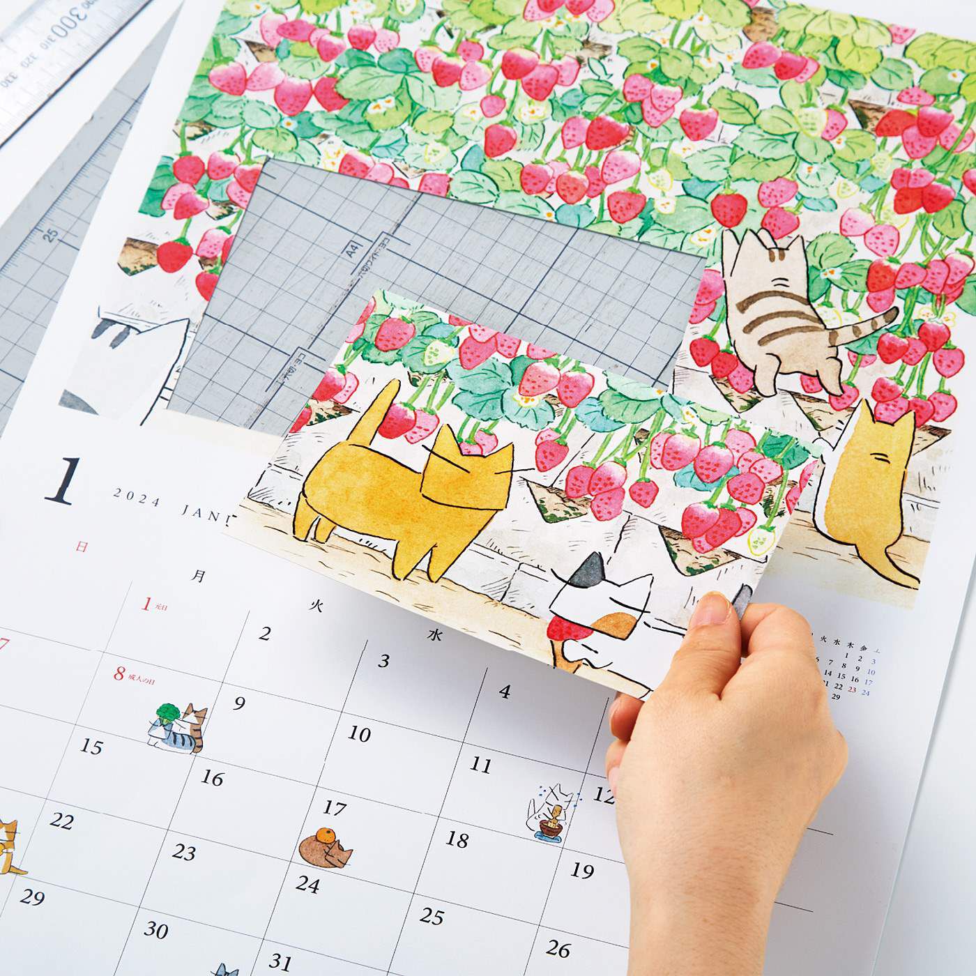 猫部|日本画家 久保智昭さんとつくった　猫と旅する実りの風景 カレンダー2024|2.少し厚めの紙なので、ポストカードとして再利用できます。