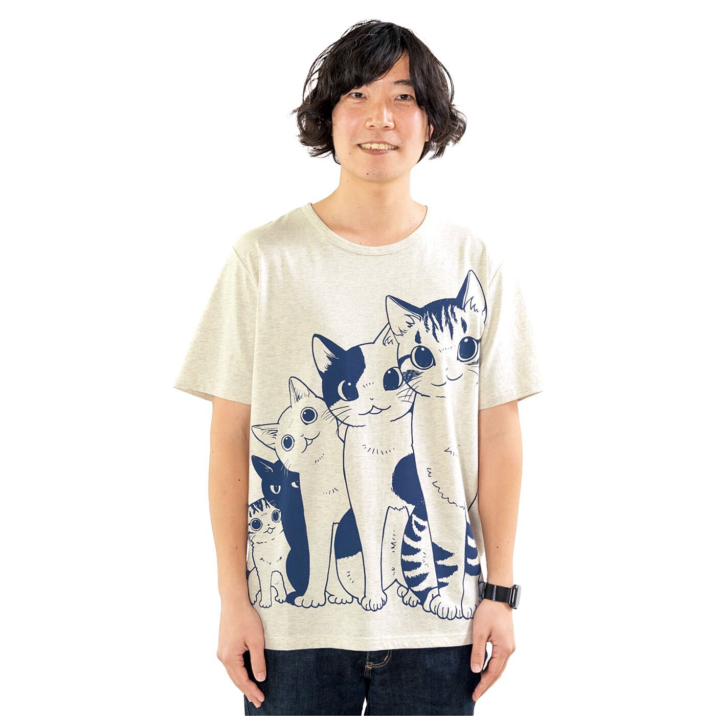 猫部|漫画家 山野りんりんさんとつくった　怒涛の猫圧　猫好き猛アピールTシャツの会|モデル身長175cmサイズLL着用
