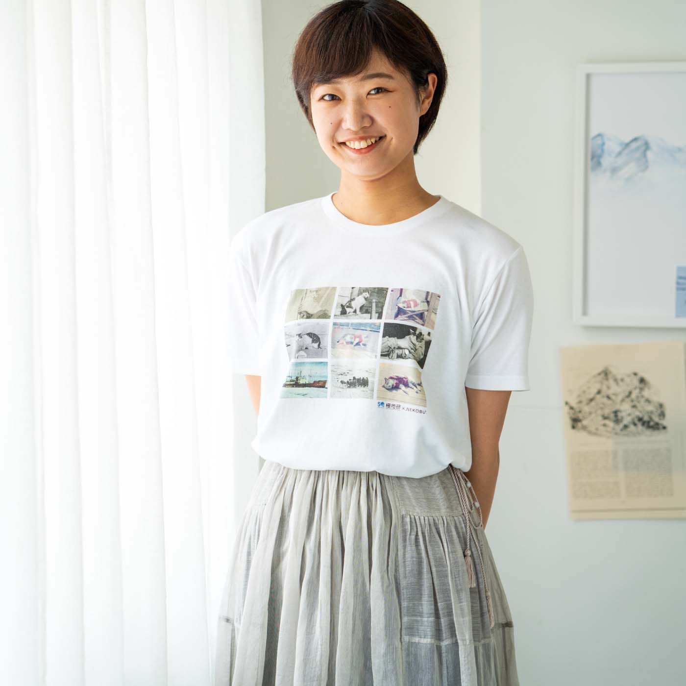 猫部|国立極地研究所×猫部　南極へ行った猫たけしの思い出Tシャツ|モデル身長165cm　サイズ1着用